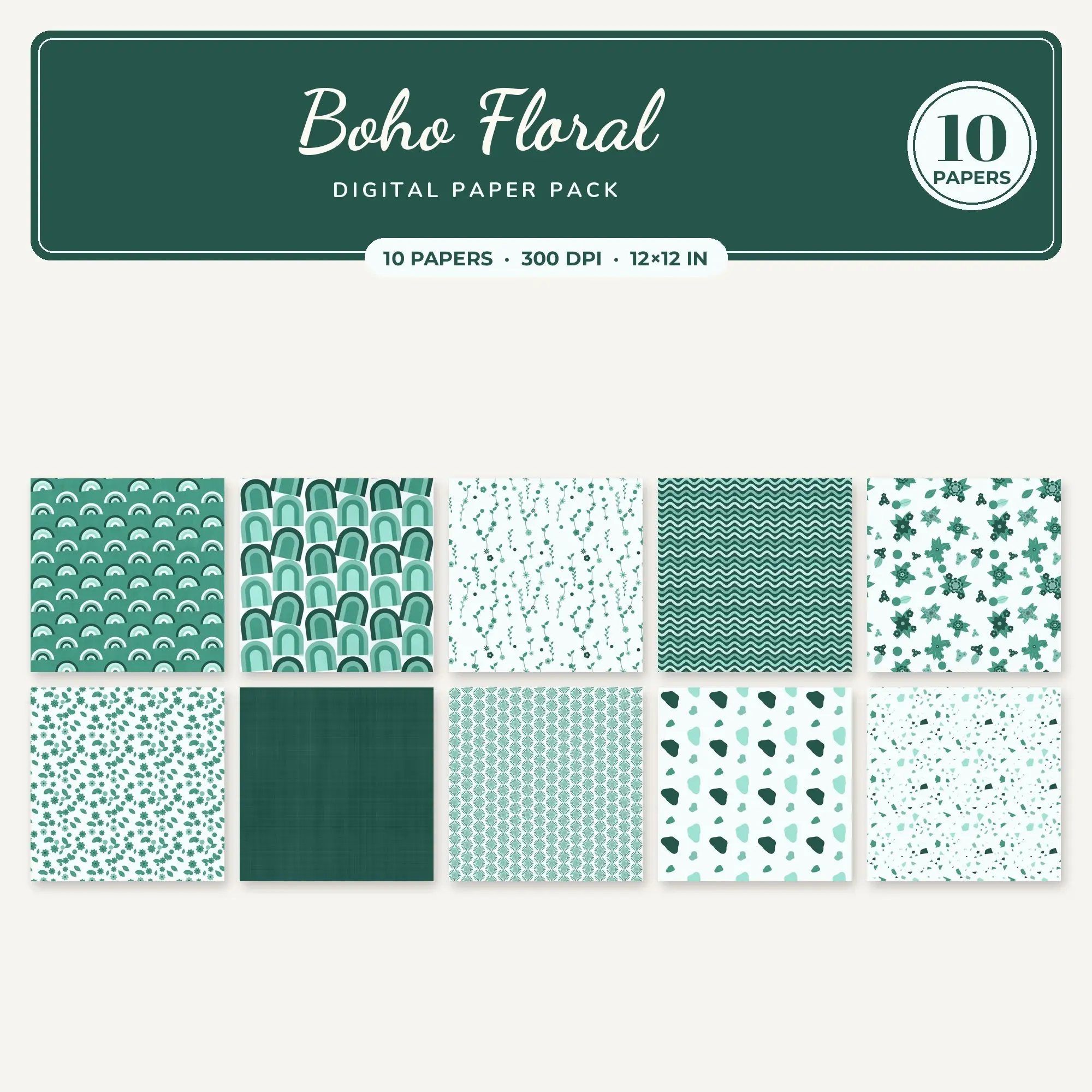 Seafoam & Mint Boho Floral Digital Paper Pack – 10 Seamless Patterns preview