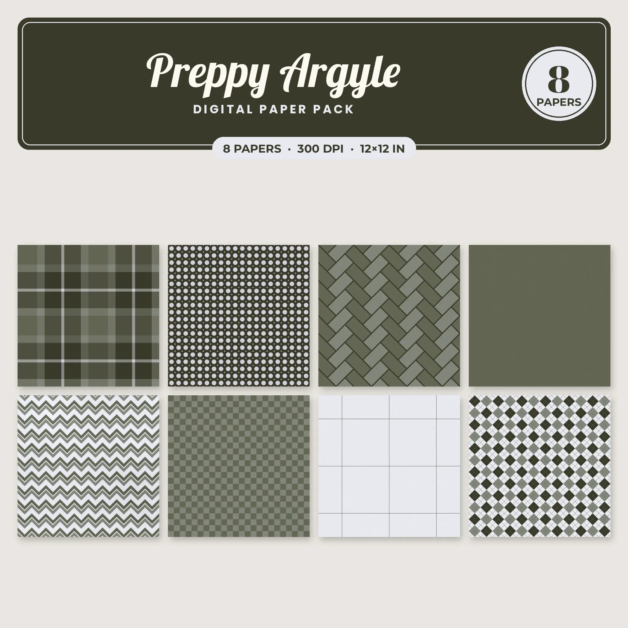 Preppy Argyle Seamless Pattern Papers in Mocha and Dusty Blue – 8 Pack preview
