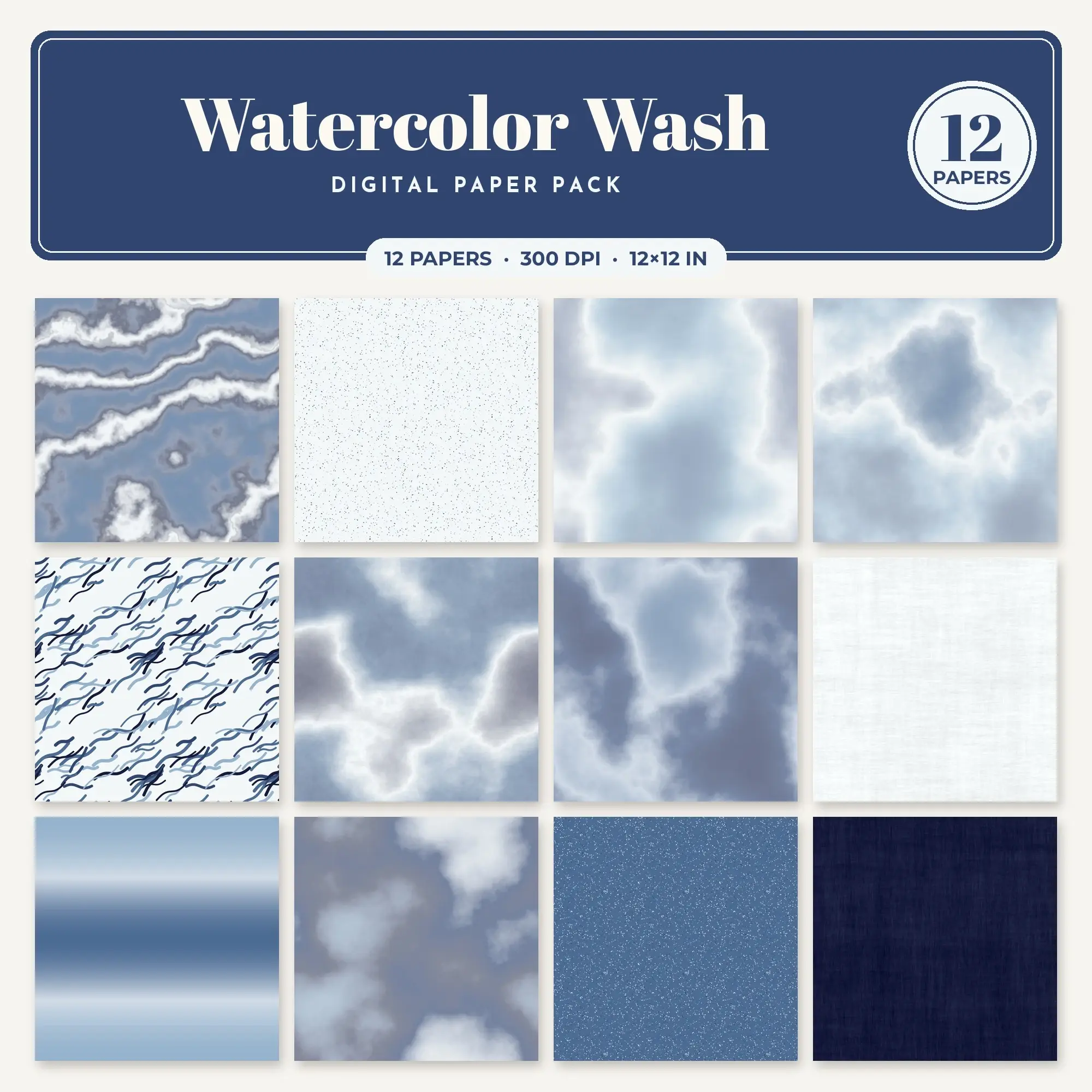 Dusty Blue Watercolor Wash Seamless Digital Paper Pack, 12 Papers 12x12 preview