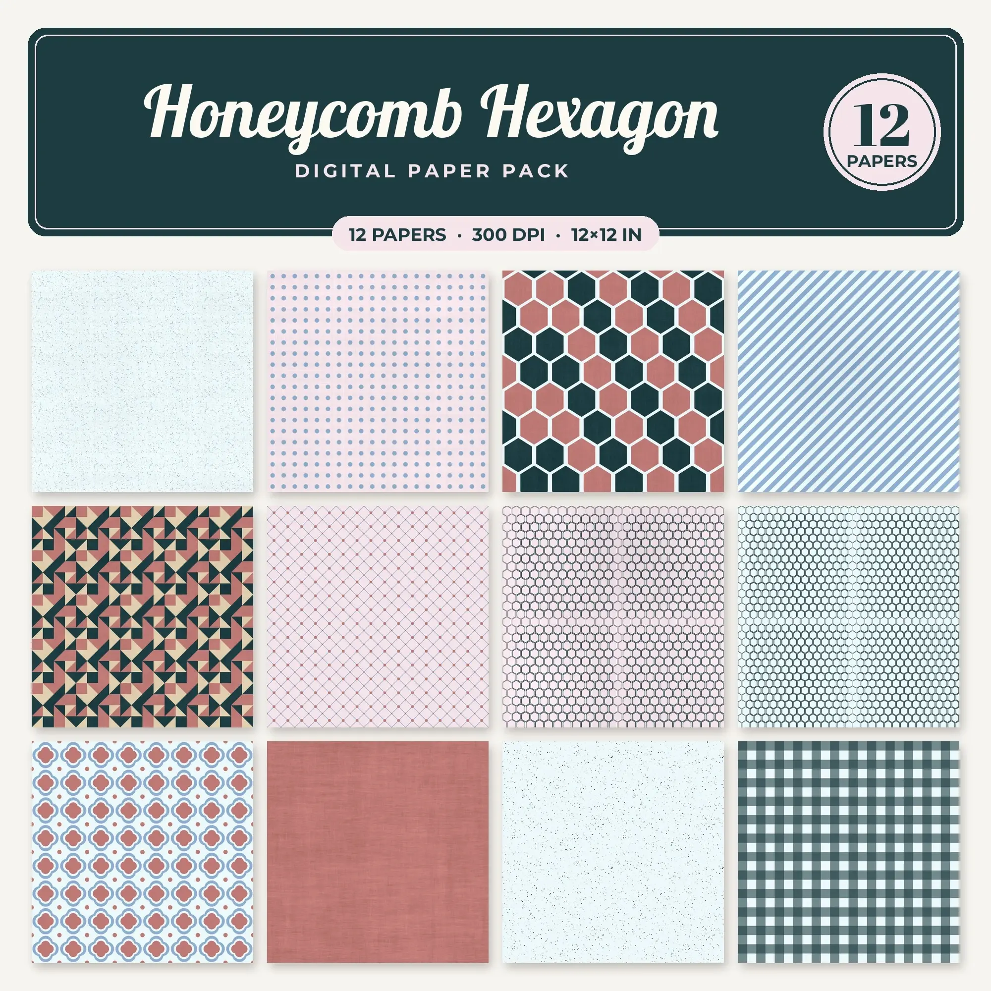 Honeycomb Hexagon Digital Paper – 12 Seamless Dusty Blue & Clay Pink Patterns preview