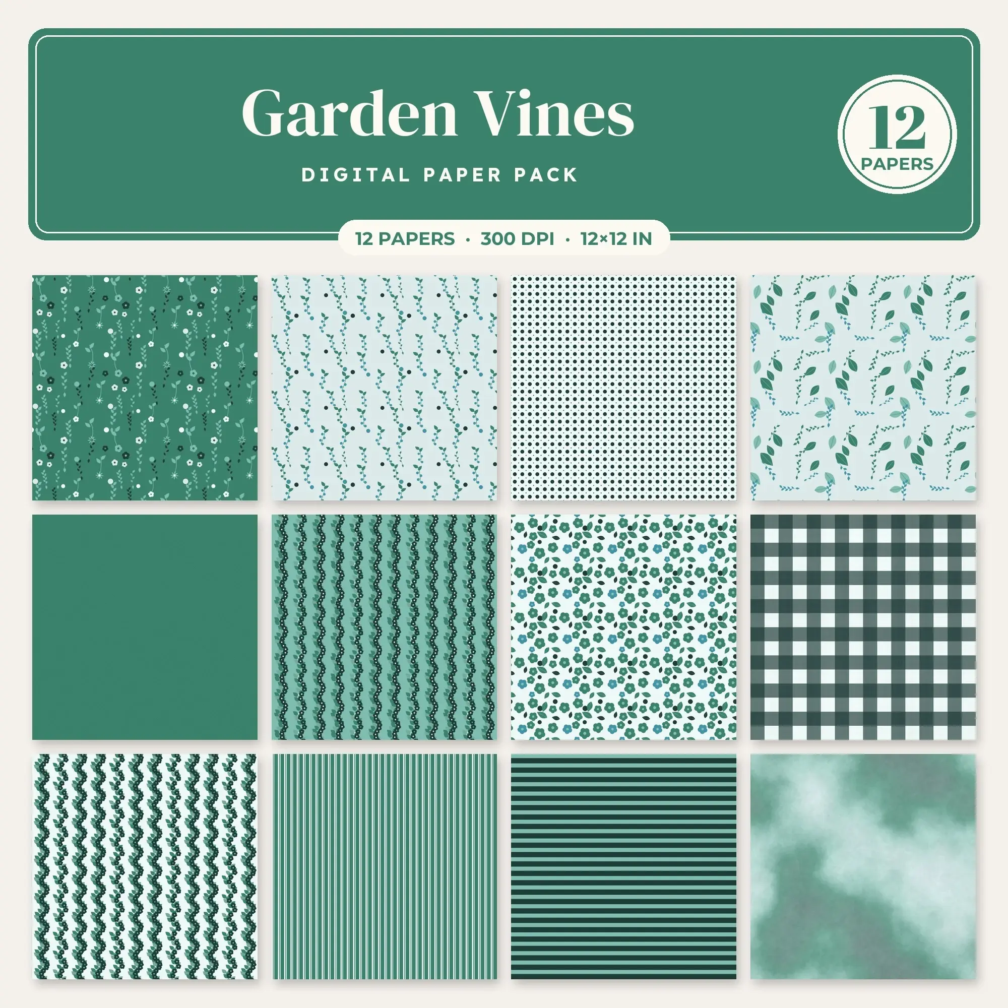 Garden Vines Digital Paper – 12 Seamless Lagoon & Emerald Patterns preview