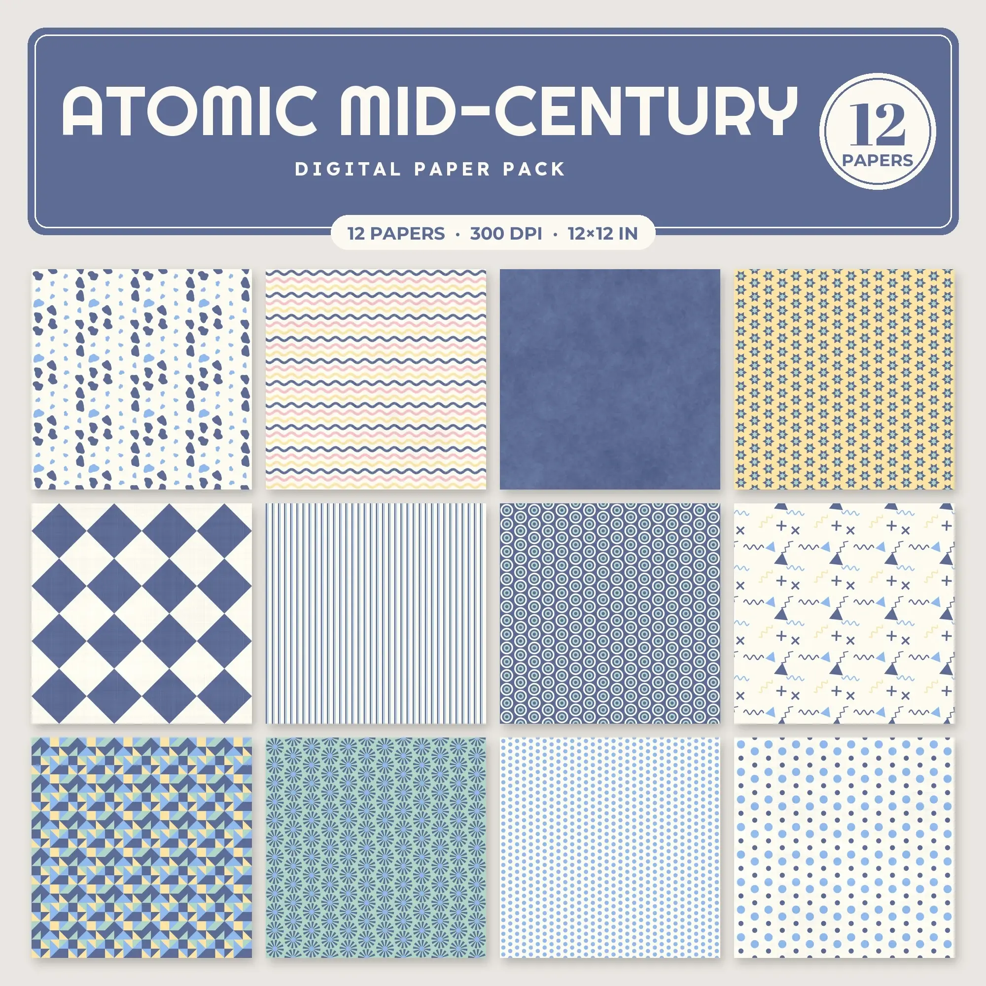 Atomic Mid-Century Seamless Pattern Papers in Cornflower and Petal Pink – 12 Pack preview