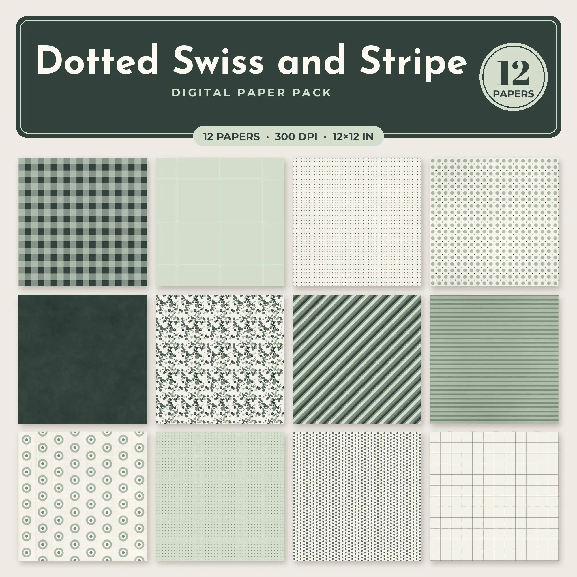 12 Sage Dotted Swiss and Stripe Seamless Patterns – Digital Paper preview