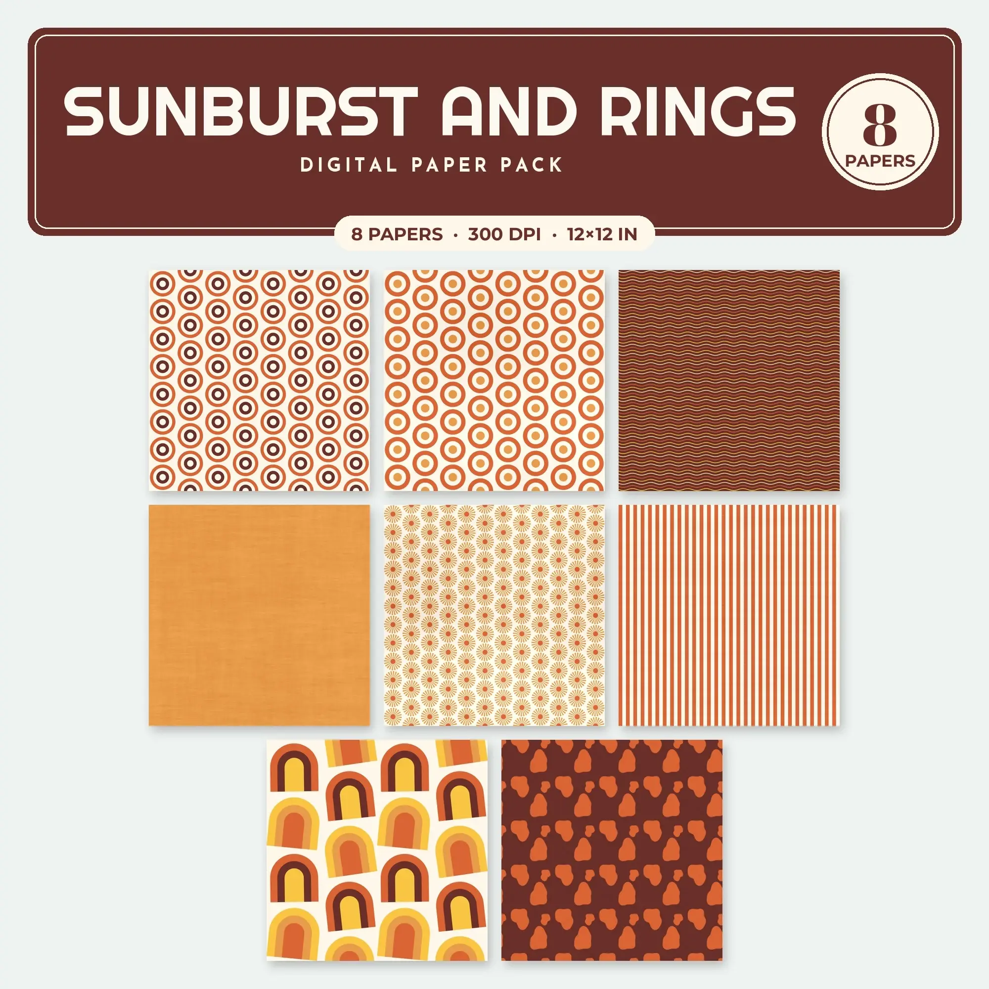 Marigold Sunburst and Rings Seamless Digital Paper Pack, 8 Papers 12x12 preview