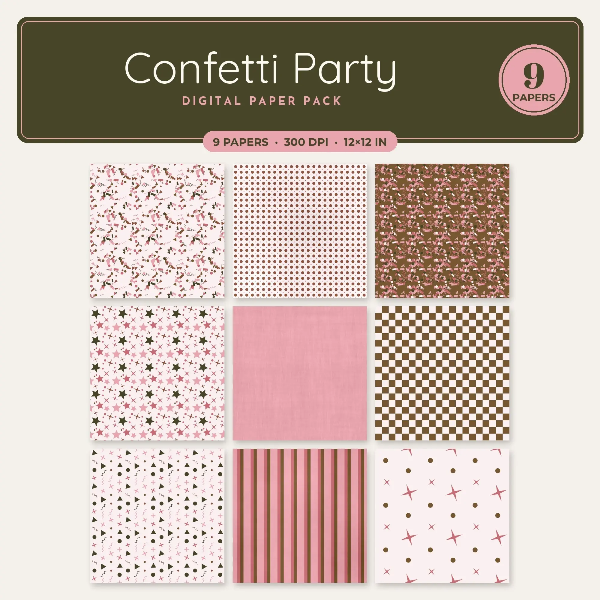 Confetti Party Digital Paper – 9 Seamless Dusty Rose & Rose Patterns preview