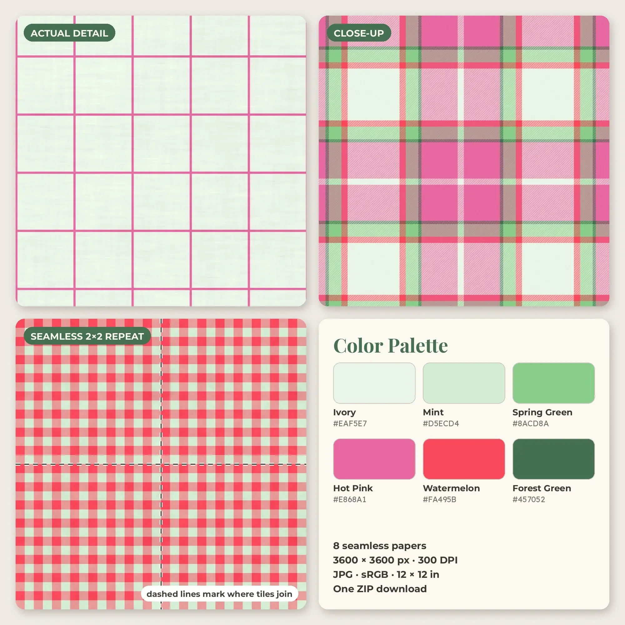 Buffalo Plaid Seamless Pattern Papers in Watermelon and Hot Pink – 8 Pack, preview 2 of 2