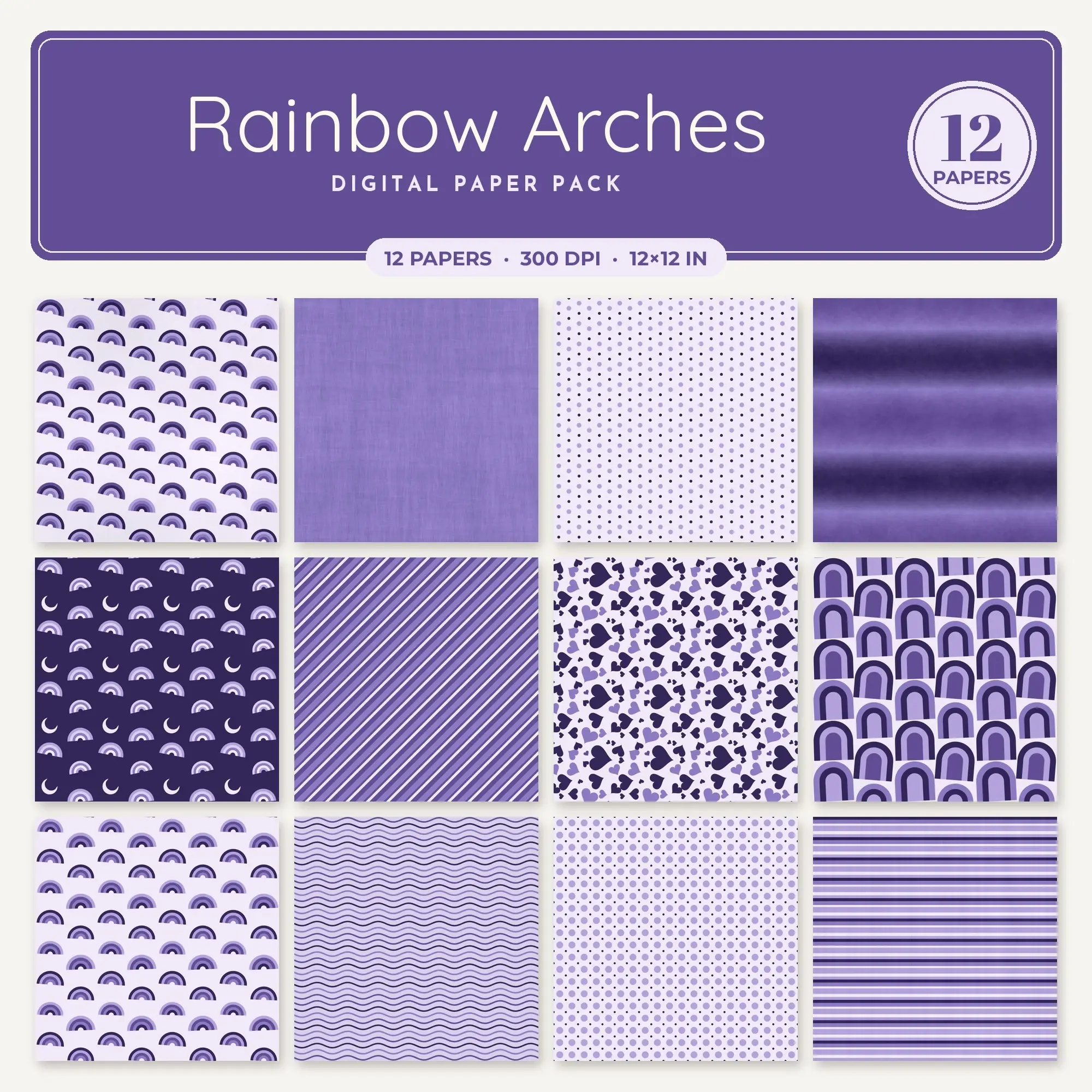 Wisteria & Amethyst Rainbow Arches Digital Paper Pack – 12 Seamless Patterns preview