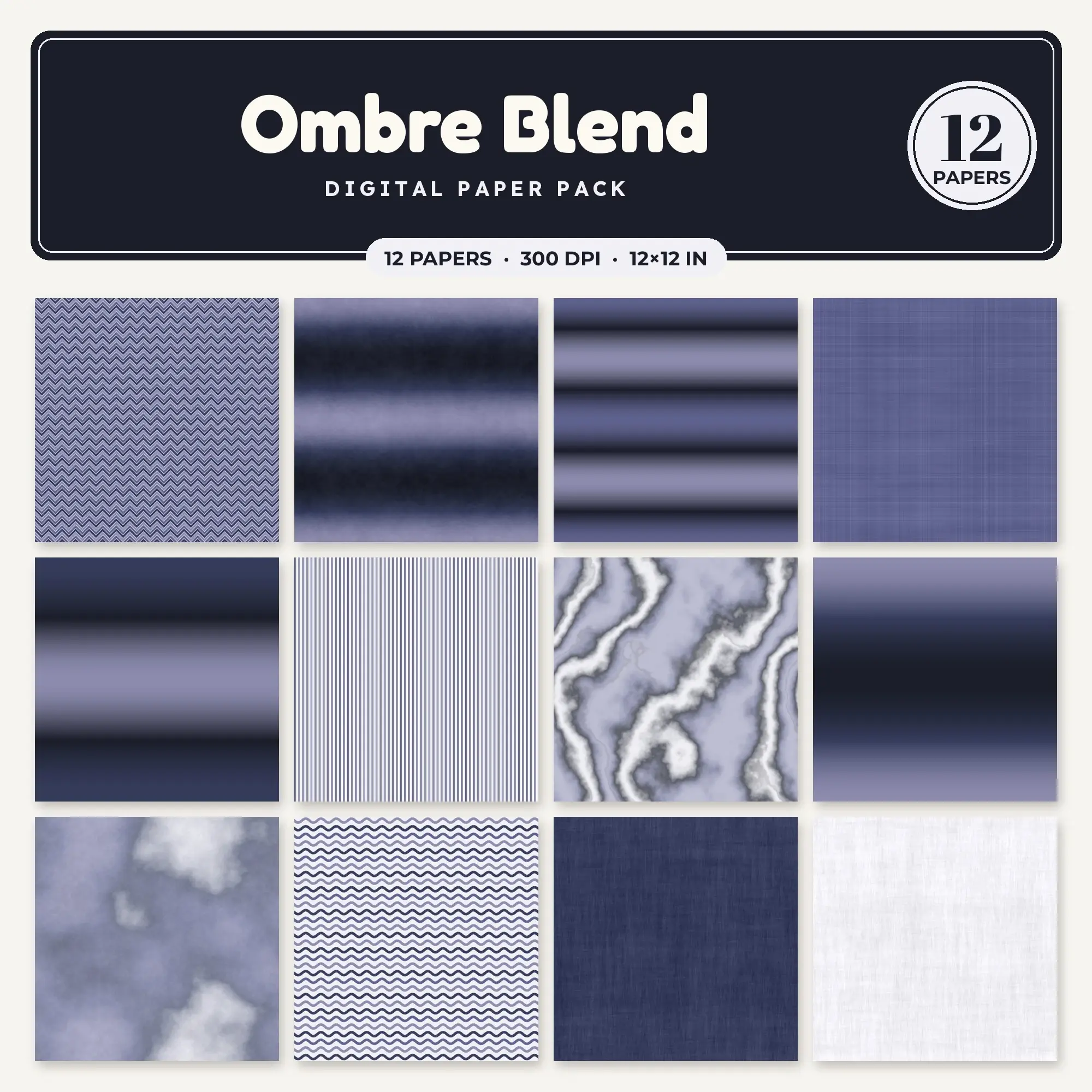 Navy & Denim Ombre Blend Seamless Digital Paper – 12 Papers, 12x12 JPG preview