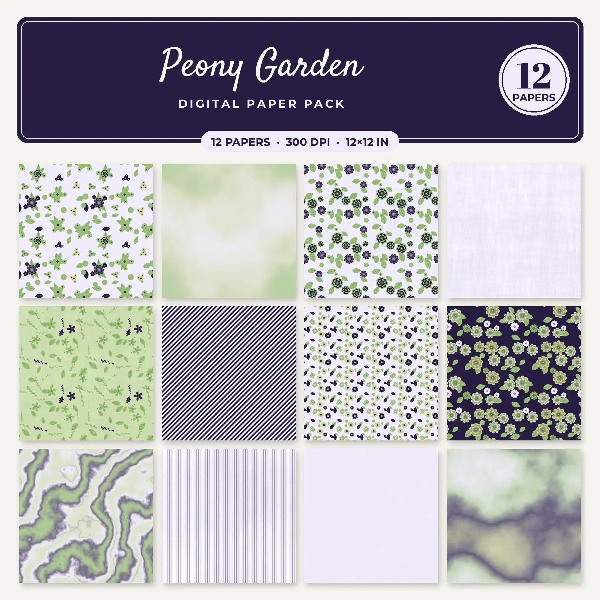 Peony Garden Digital Paper – 12 Seamless Matcha & Pistachio Patterns preview