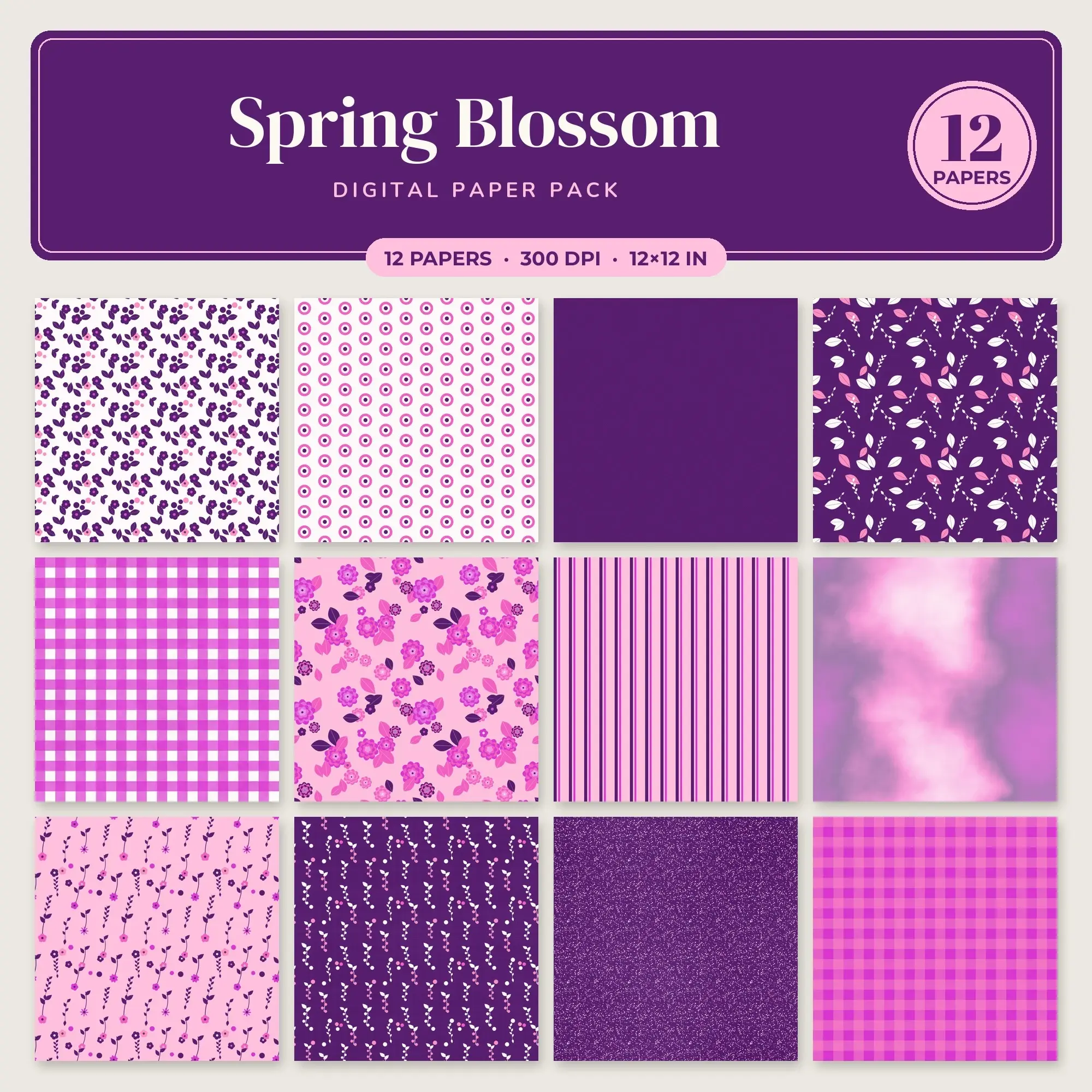 Hot Pink & Bubblegum Spring Blossom Digital Paper Pack – 12 Seamless Patterns preview