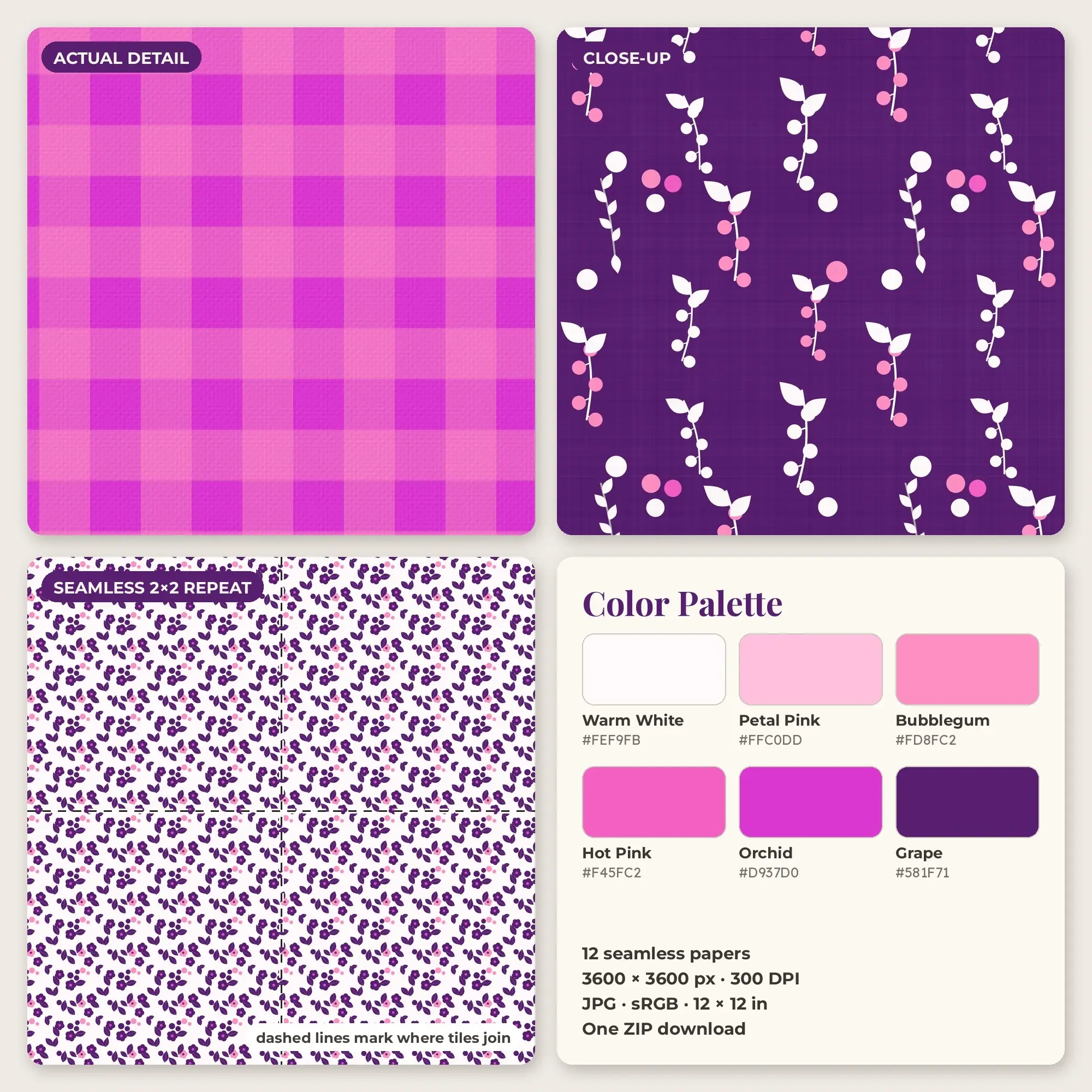 Hot Pink & Bubblegum Spring Blossom Digital Paper Pack – 12 Seamless Patterns, preview 2 of 2