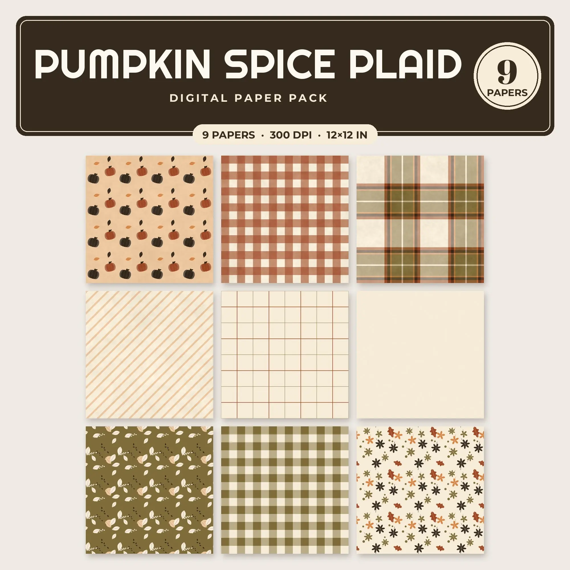 Pumpkin Pumpkin Spice Plaid Seamless Digital Paper Pack, 9 Papers 12x12, preview 1 of 2