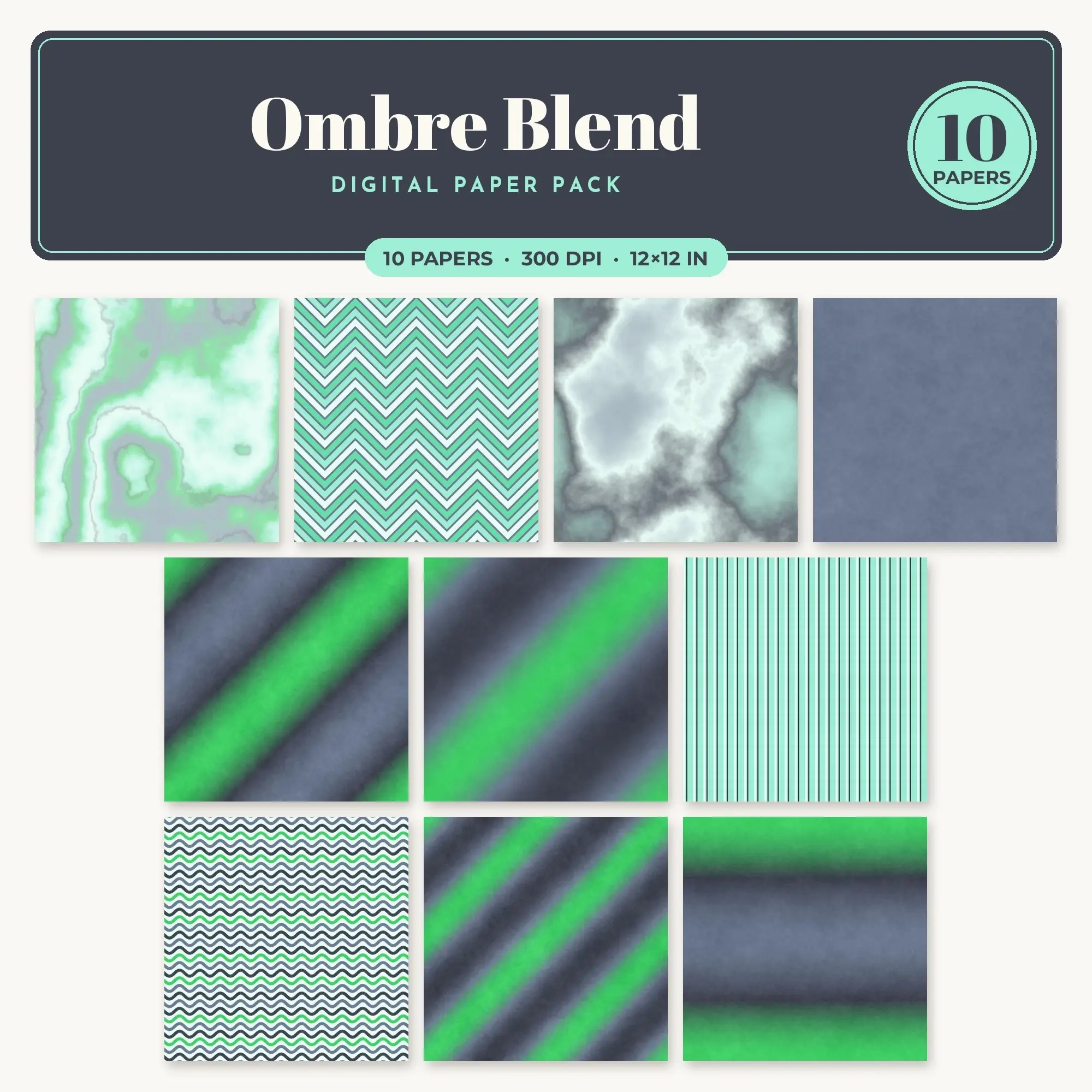 Leaf Green & Spring Green Ombre Blend Seamless Digital Paper – 10 Papers, 12x12 JPG preview