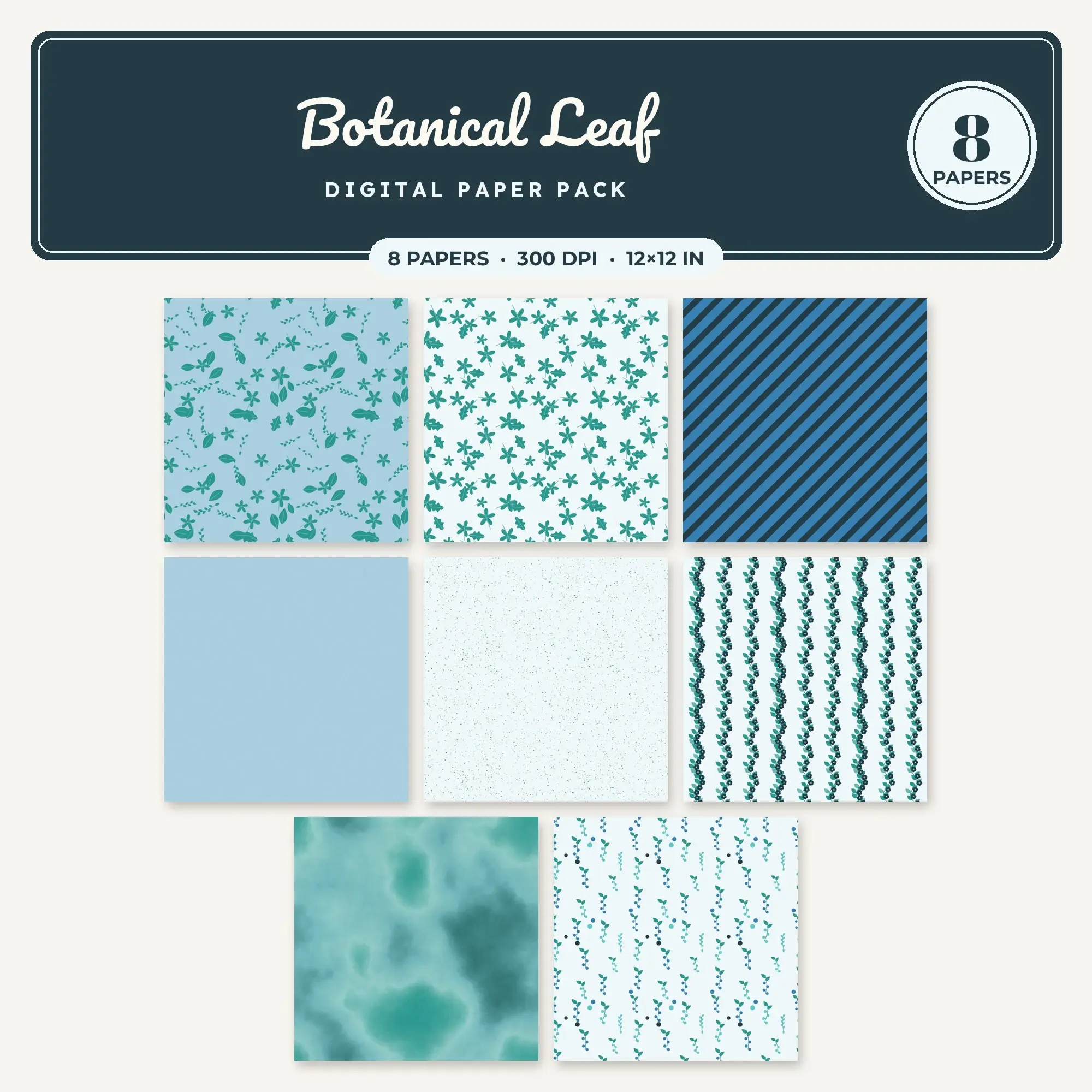 8 Turquoise Botanical Leaf Seamless Patterns – Digital Paper preview