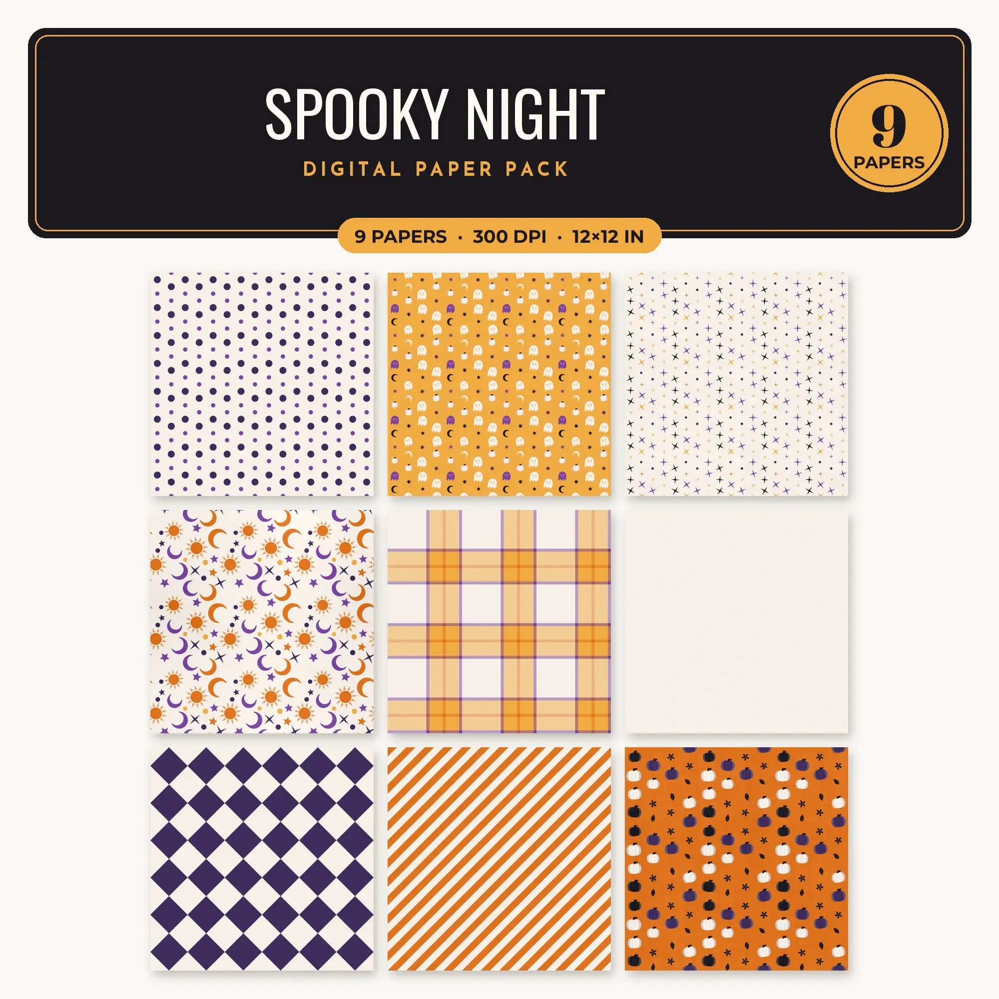 Spooky Night Digital Paper – 9 Seamless Amber & Pumpkin Patterns preview
