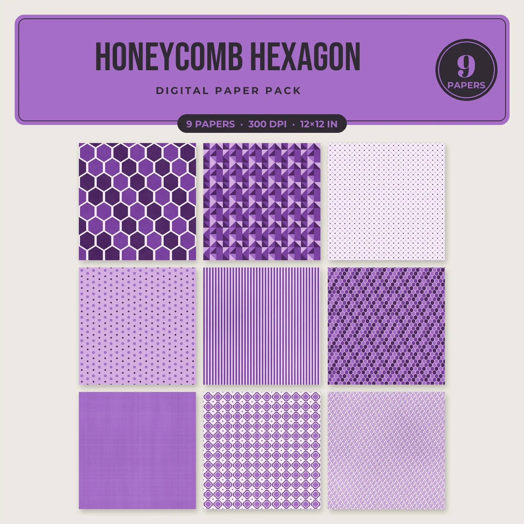 Orchid & Violet Honeycomb Hexagon Seamless Digital Paper – 9 Papers, 12x12 JPG preview
