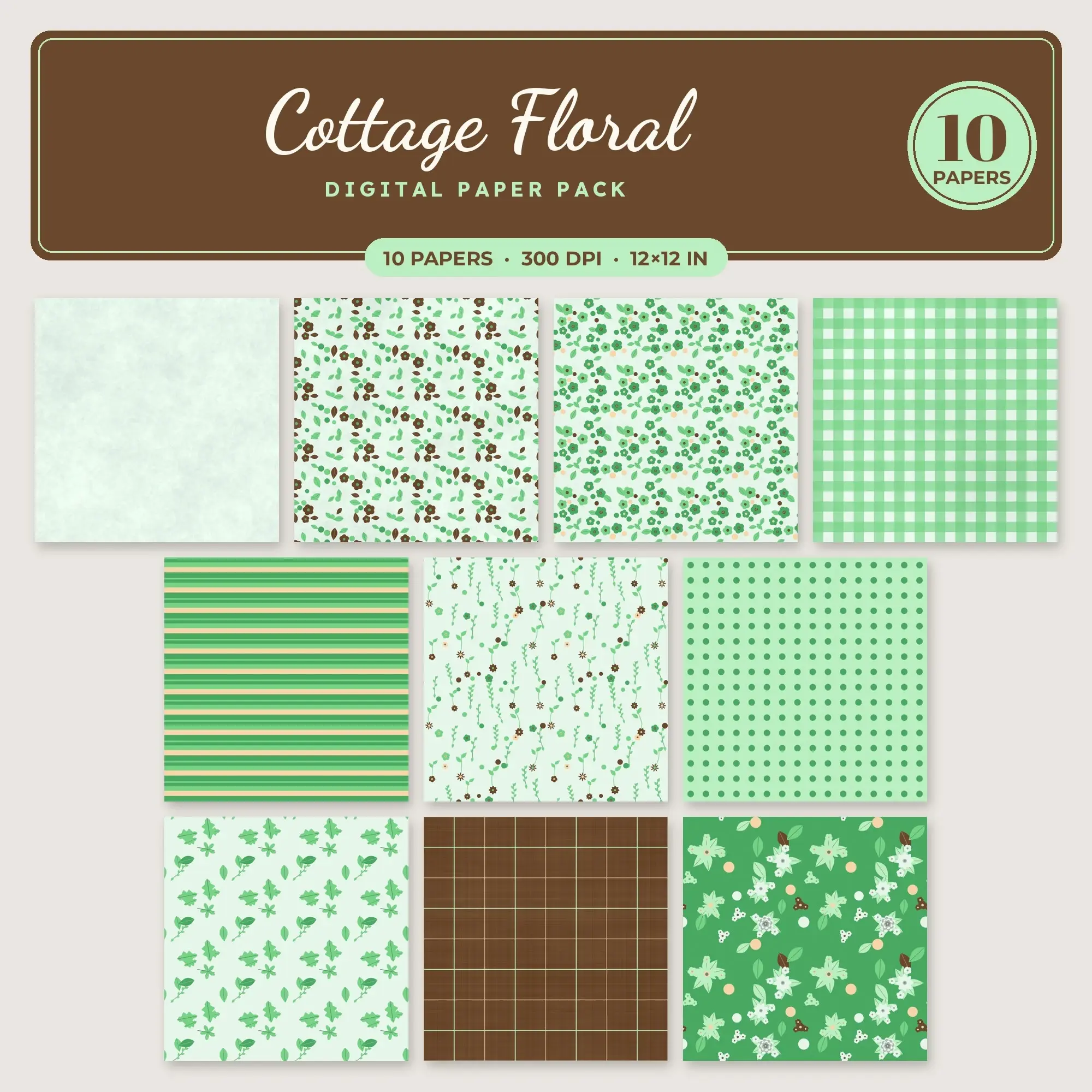 Spring Green & Pistachio Cottage Floral Seamless Digital Paper – 10 Papers, 12x12 JPG preview