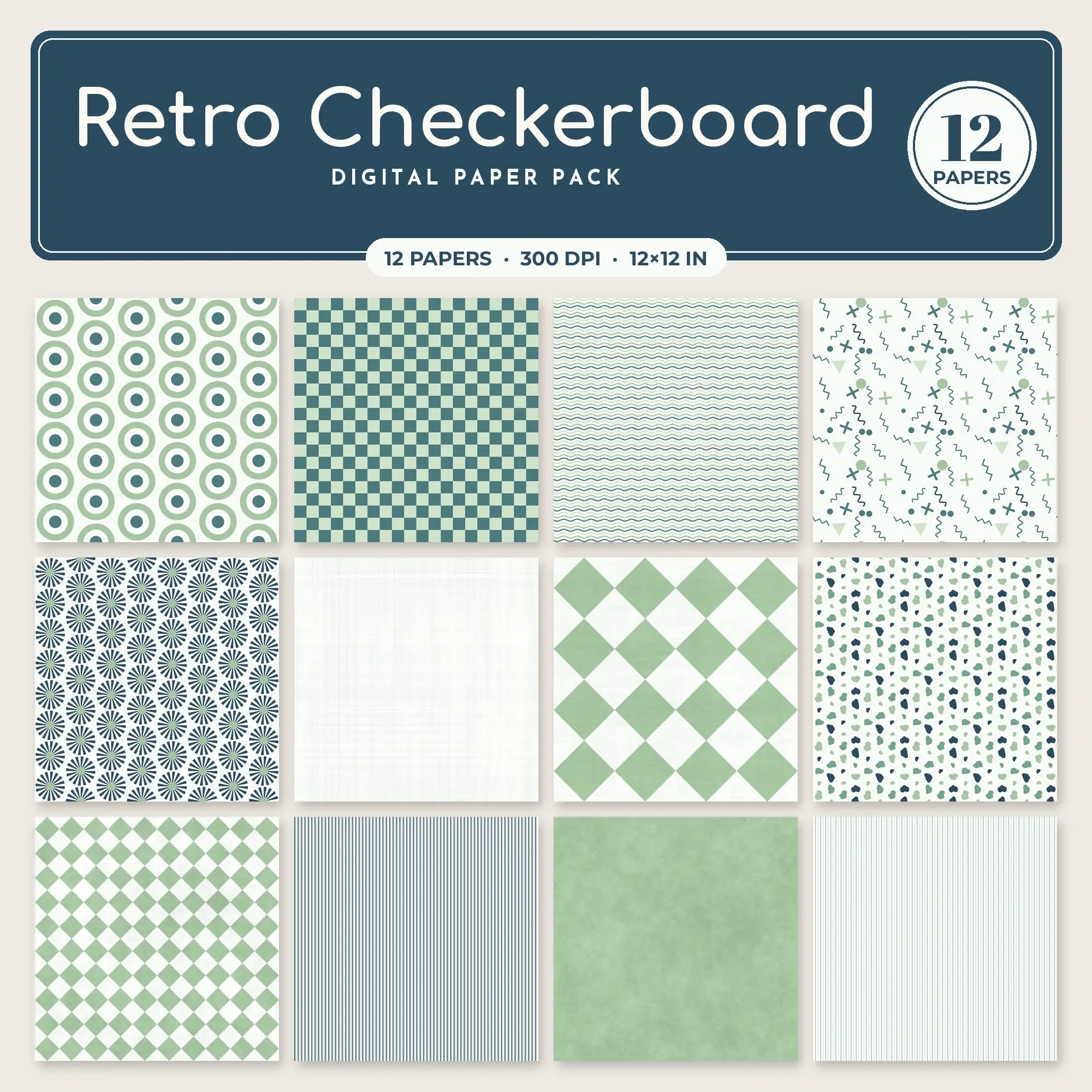 Mint & Teal Retro Checkerboard Seamless Digital Paper – 12 Papers, 12x12 JPG preview