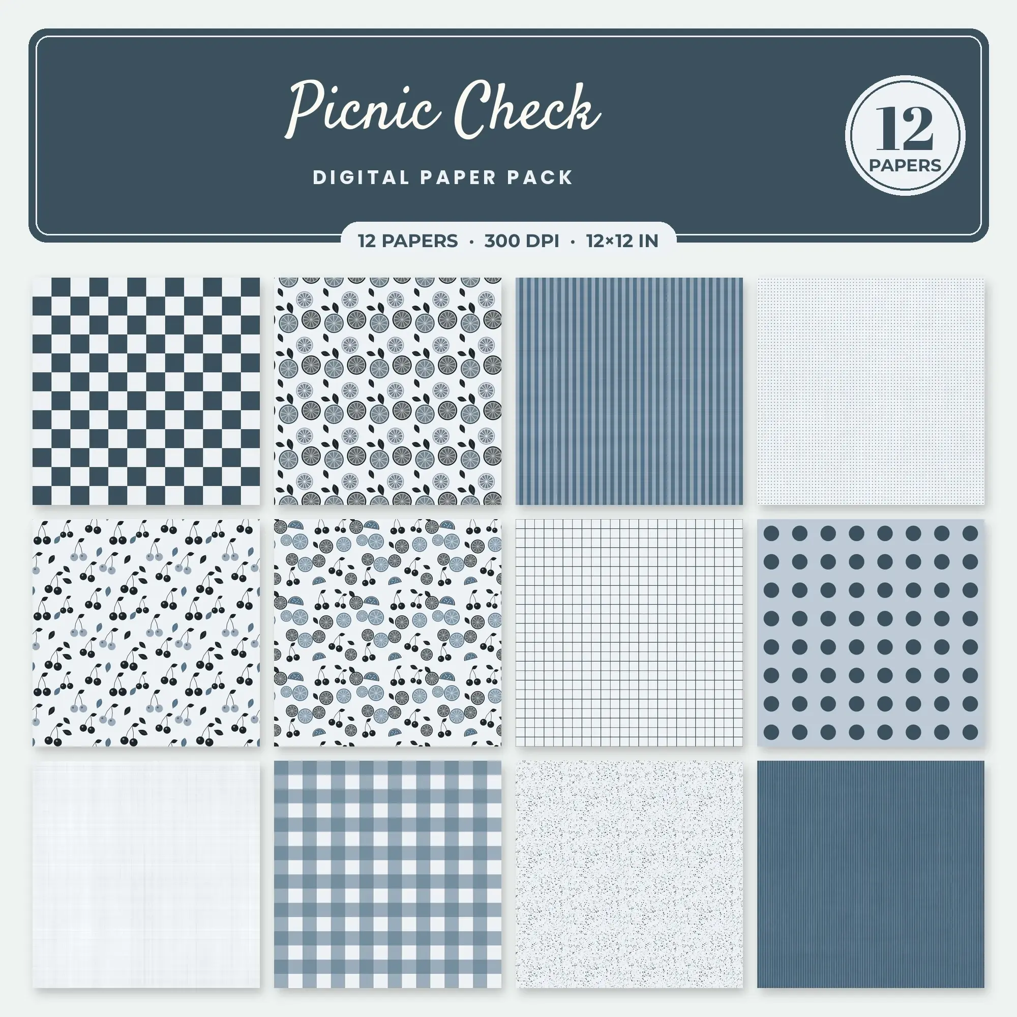Picnic Check Digital Paper – 12 Seamless Steel Blue & Powder Blue Patterns preview