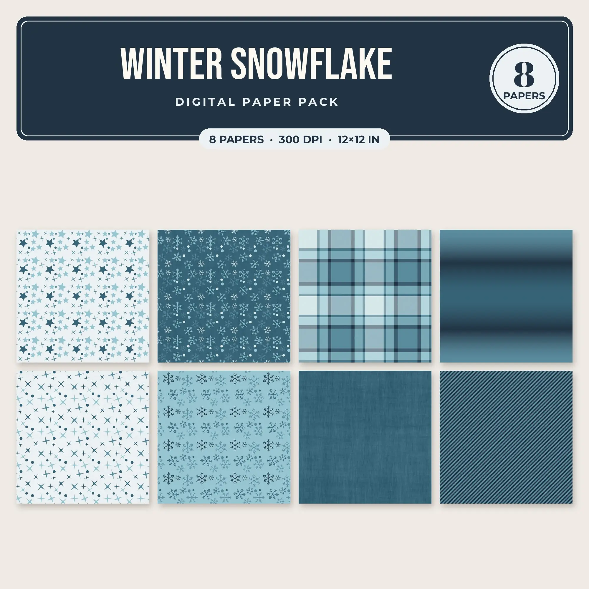 Powder Blue & Peacock Winter Snowflake Digital Paper Pack – 8 Seamless Patterns, preview 1 of 2