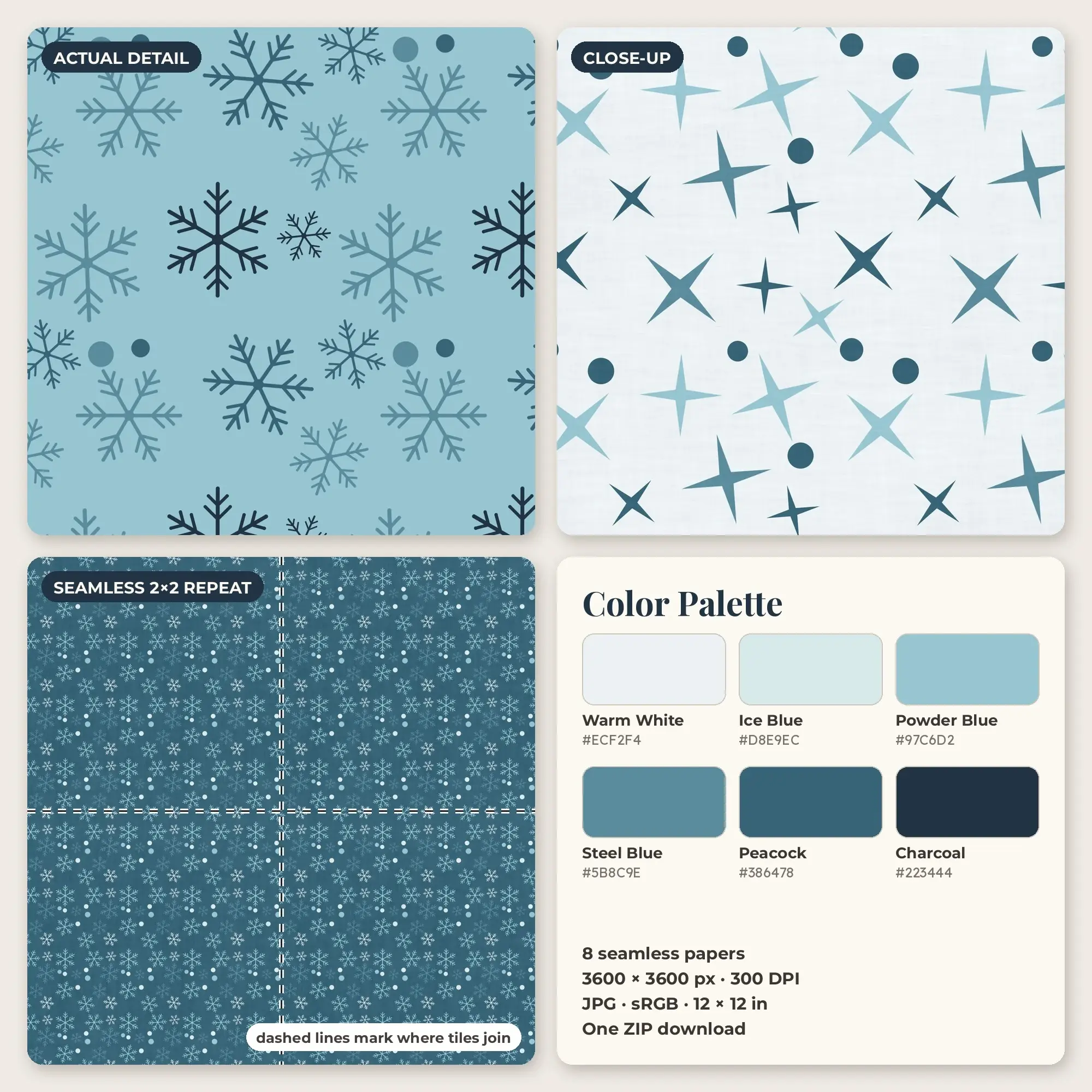 Powder Blue & Peacock Winter Snowflake Digital Paper Pack – 8 Seamless Patterns, preview 2 of 2