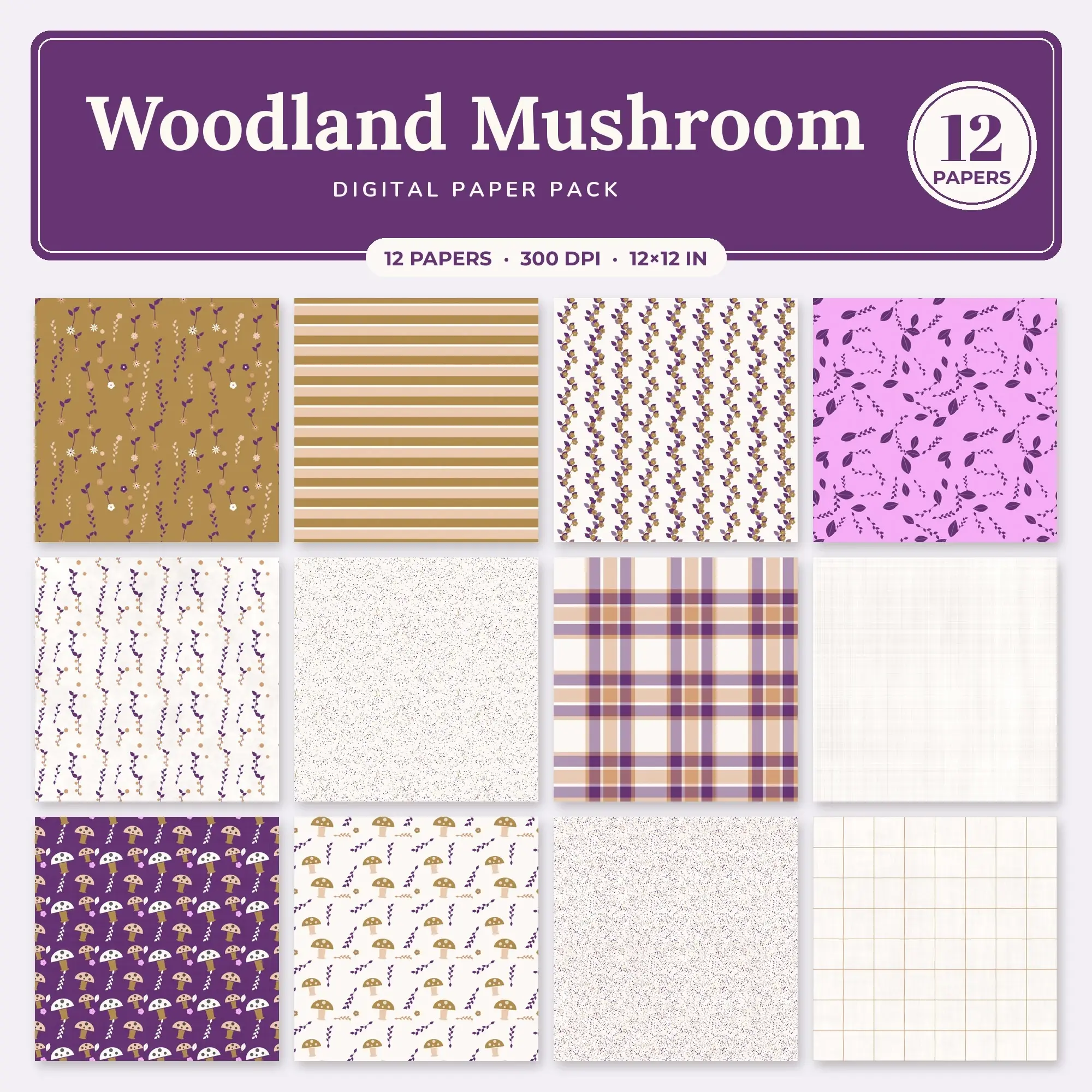 Orchid Woodland Mushroom Seamless Digital Paper Pack, 12 Papers 12x12 preview