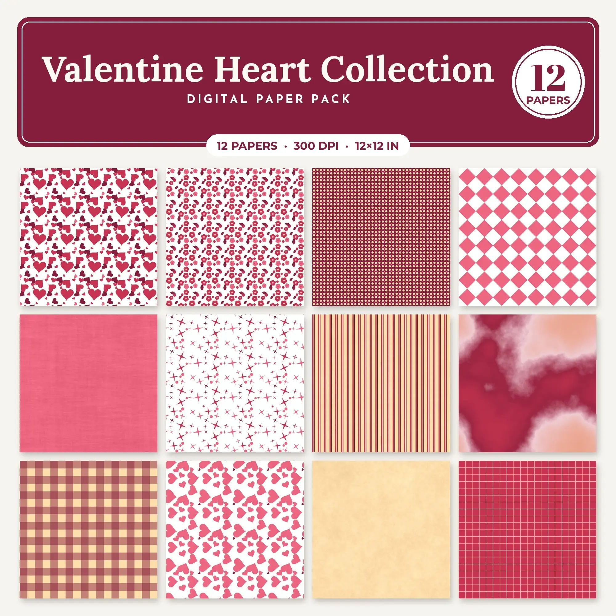 Watermelon Valentine Heart Collection Seamless Digital Paper Pack, 12 Papers 12x12 preview