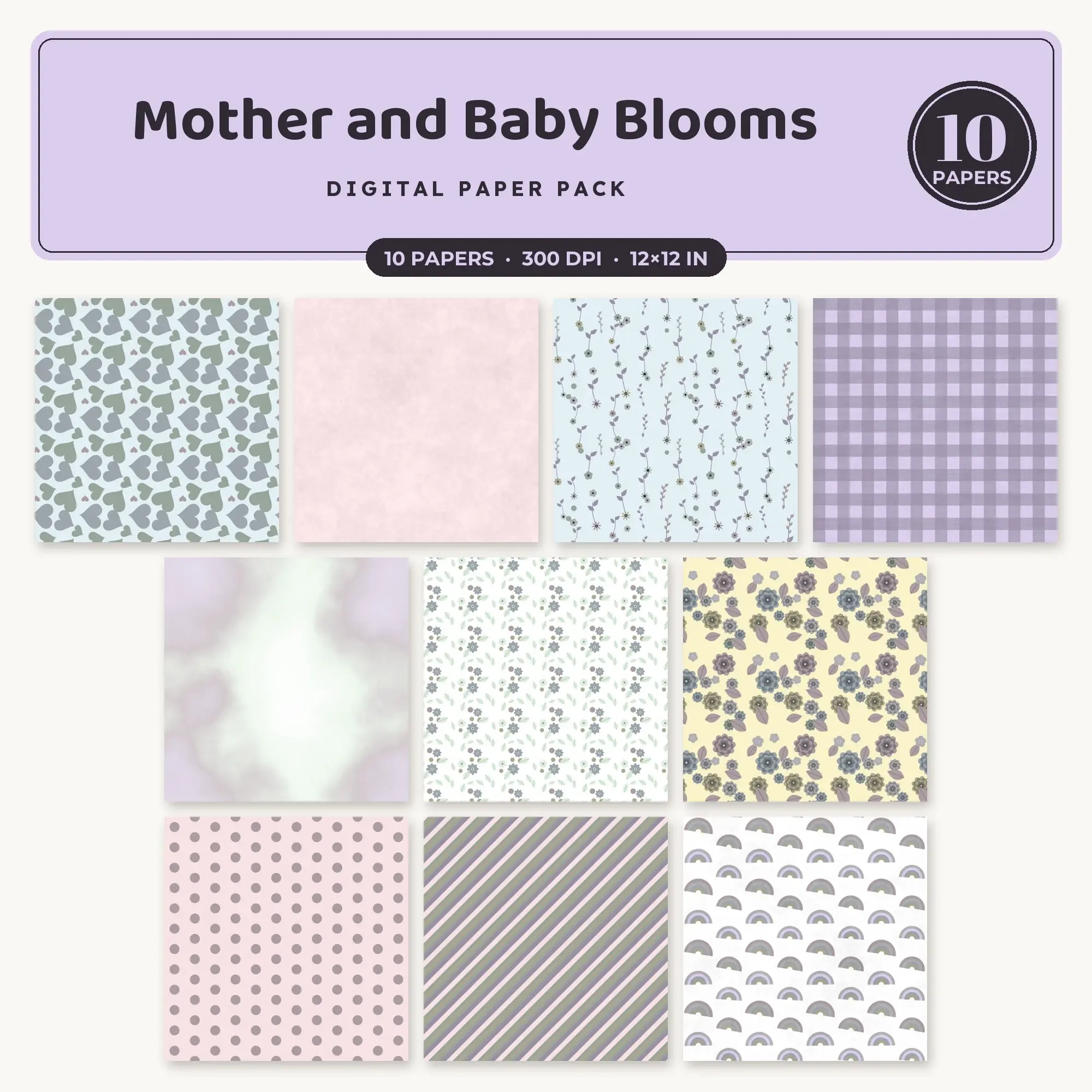 Baby Pink & Lilac Mother and Baby Blooms Digital Paper Pack – 10 Seamless Patterns preview