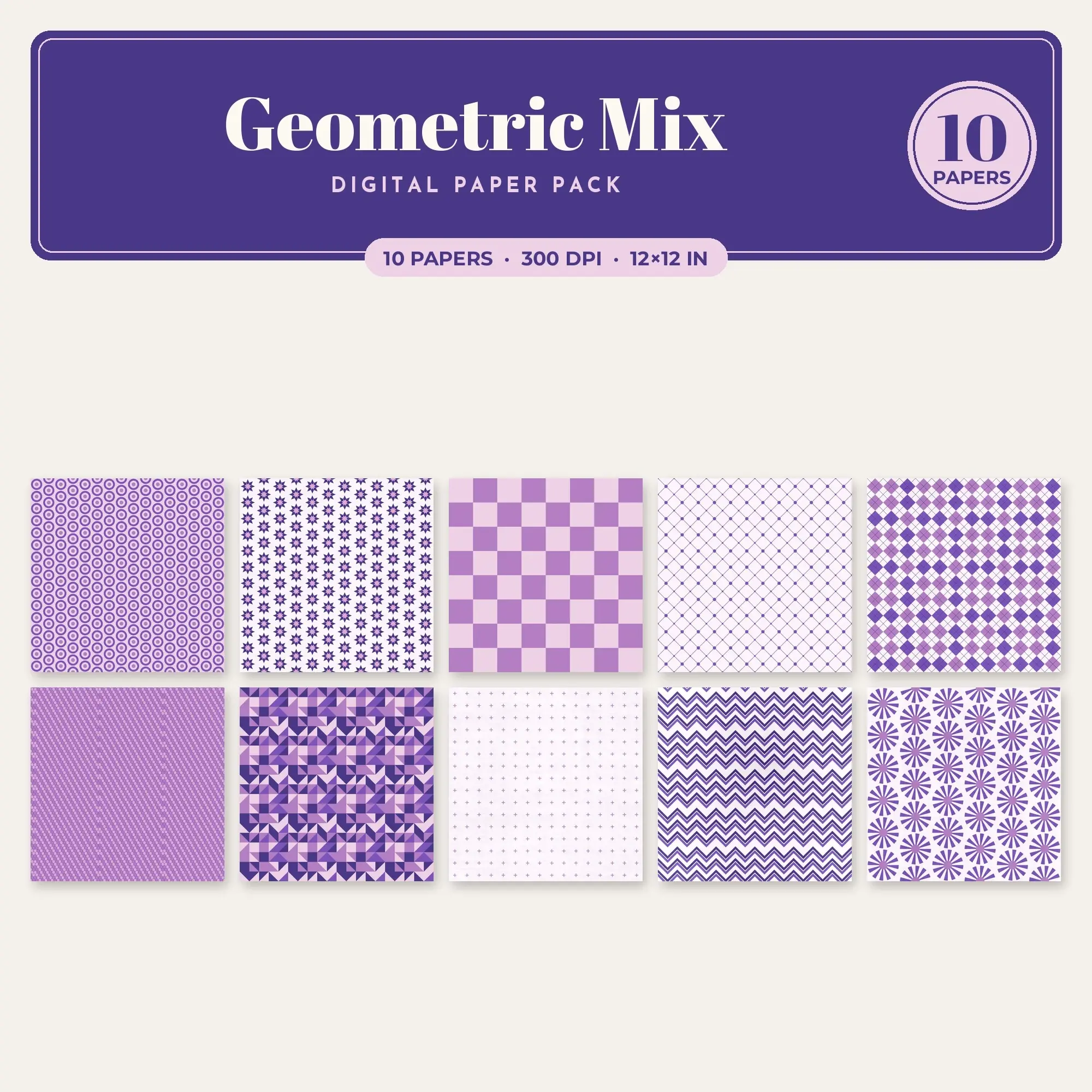 Geometric Mix Seamless Pattern Papers in Violet and Thistle – 10 Pack preview