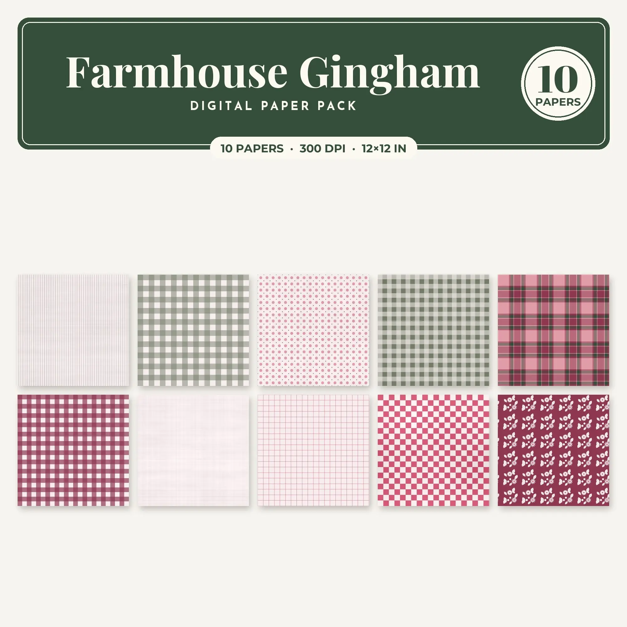 Farmhouse Gingham Seamless Pattern Papers in Watermelon and Dusty Rose – 10 Pack preview