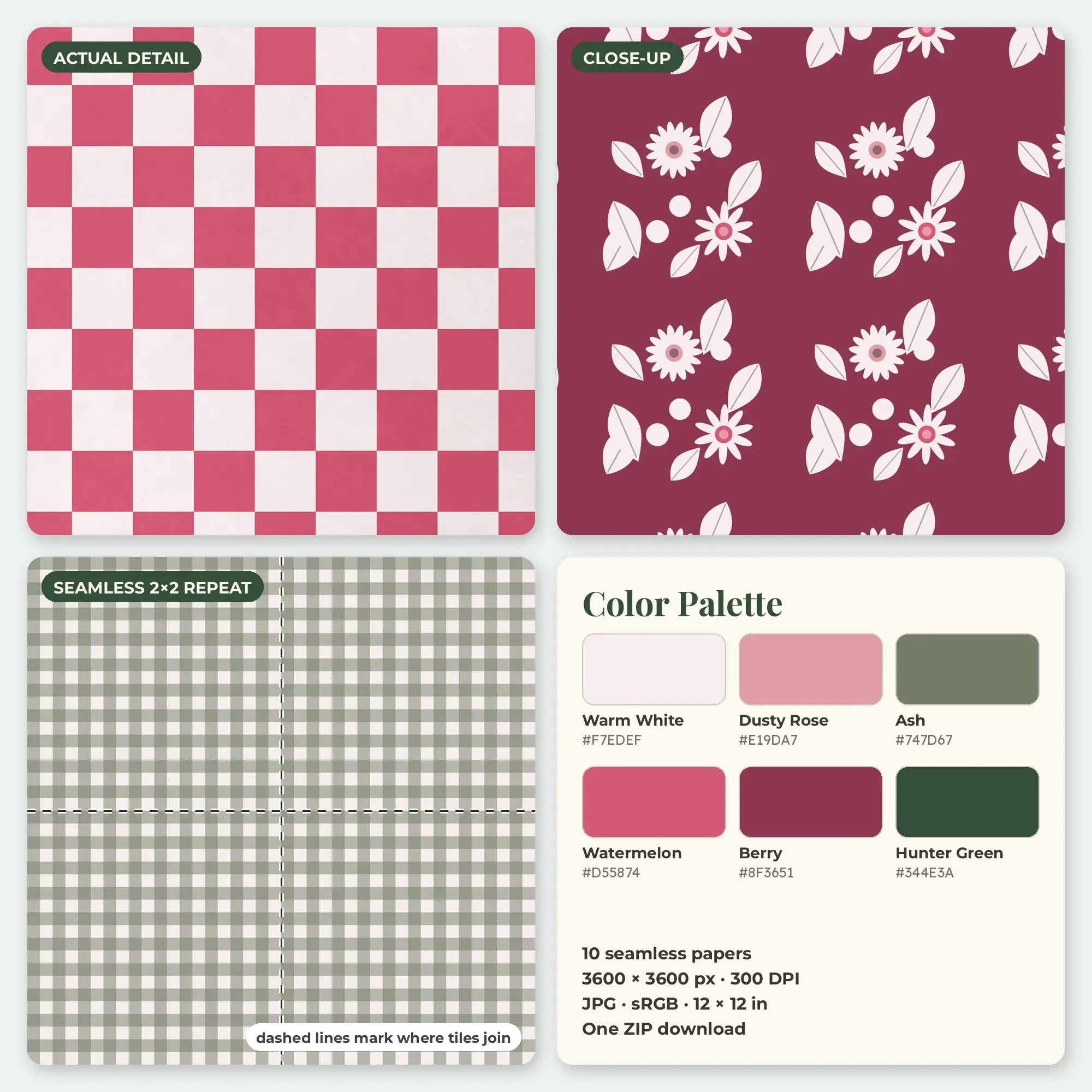 Farmhouse Gingham Seamless Pattern Papers in Watermelon and Dusty Rose – 10 Pack, preview 2 of 2