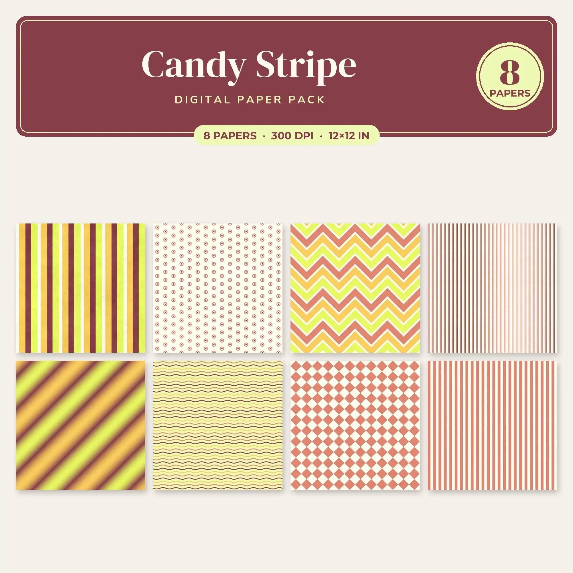 Marigold & Lemon Candy Stripe Digital Paper Pack – 8 Seamless Patterns preview
