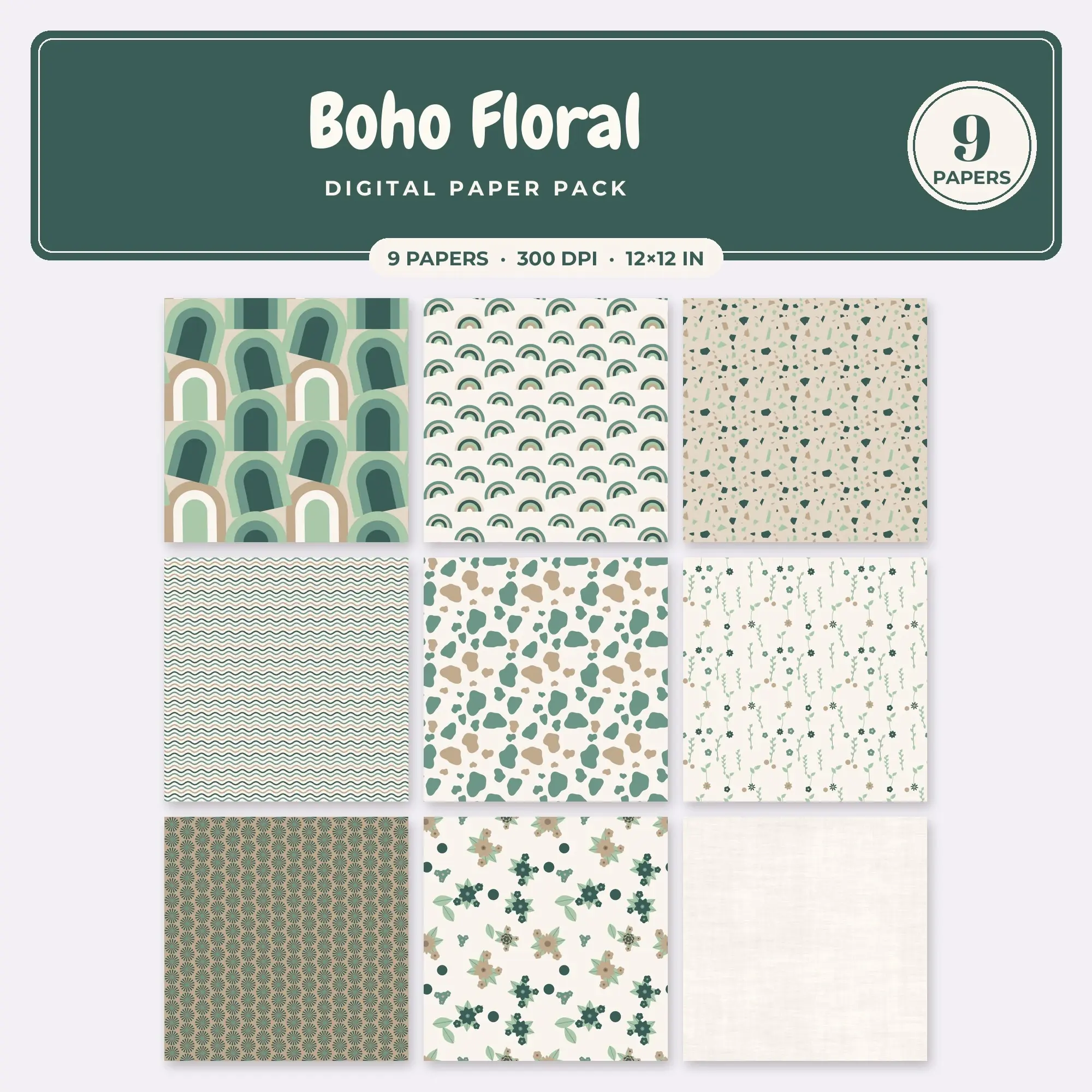 Boho Floral Digital Paper – 9 Seamless Sage & Deep Teal Patterns preview