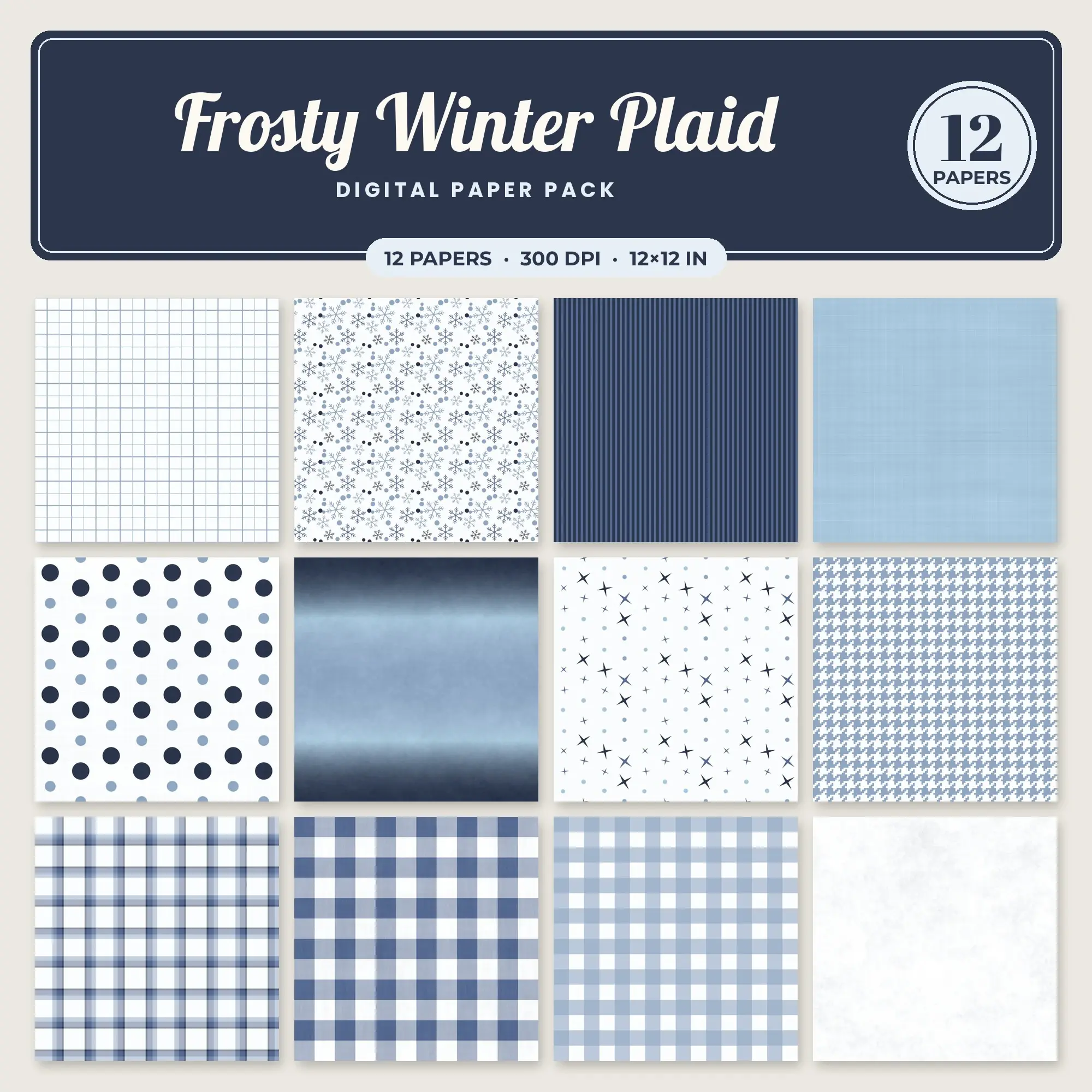 Frosty Winter Plaid Seamless Pattern Papers in Powder Blue and Dusty Blue – 12 Pack preview