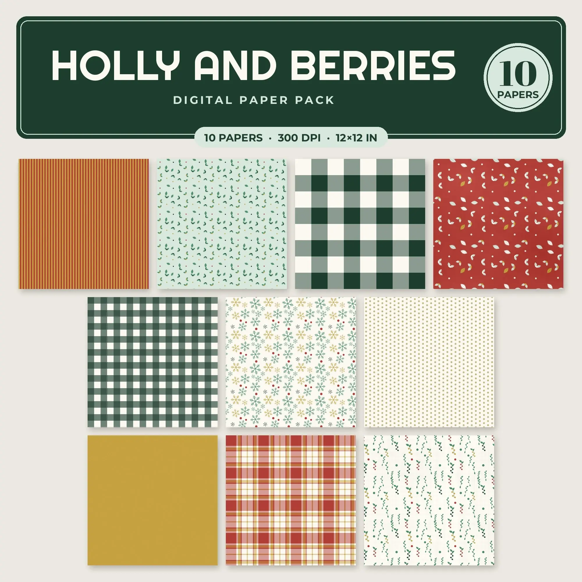 10 Gold Holly and Berries Seamless Patterns – Digital Paper preview