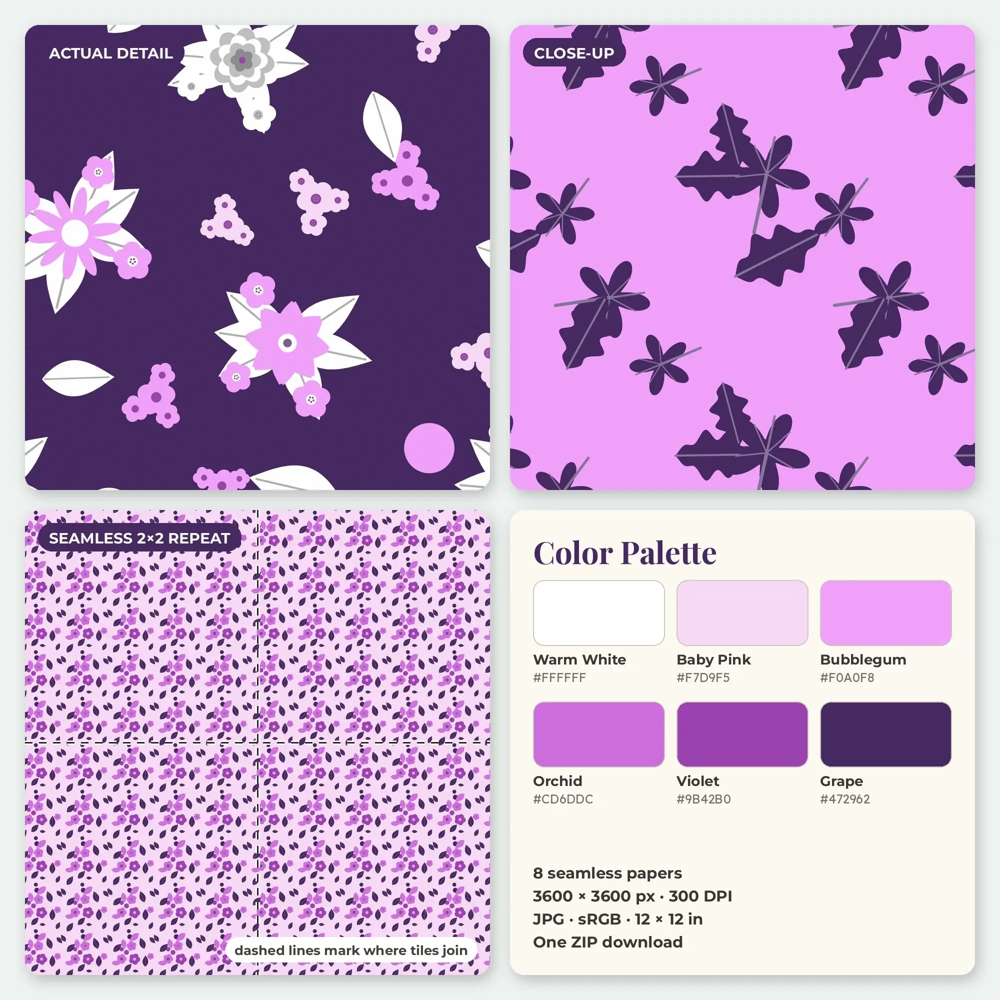 Bold Bloom Seamless Pattern Papers in Bubblegum and Orchid – 8 Pack, preview 2 of 2