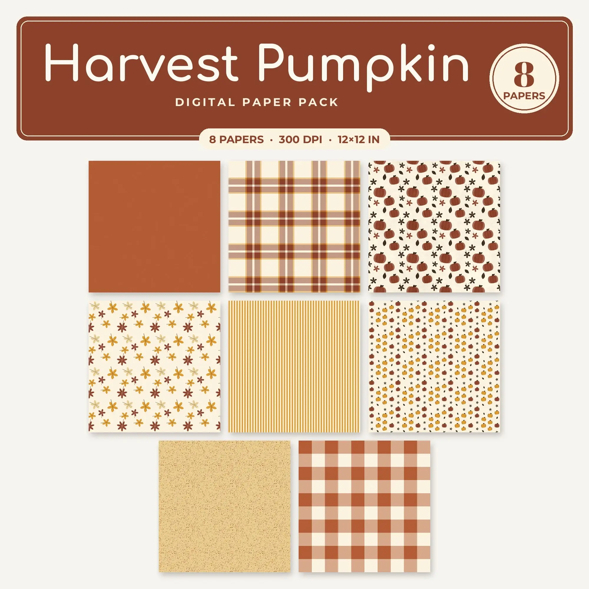 Harvest Pumpkin Seamless Pattern Papers in Amber and Rust – 8 Pack preview
