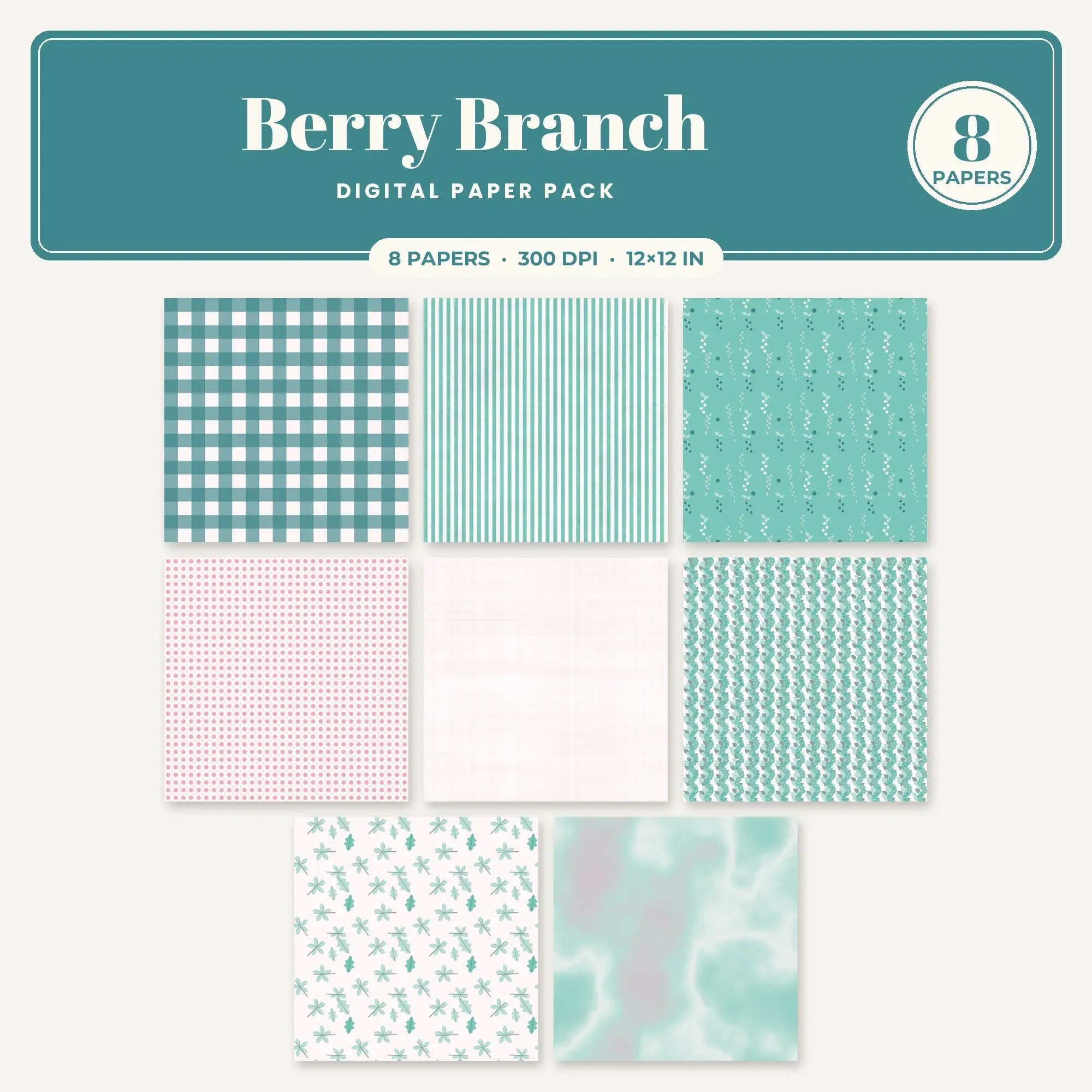 Petal Pink Berry Branch Seamless Digital Paper Pack, 8 Papers 12x12 preview
