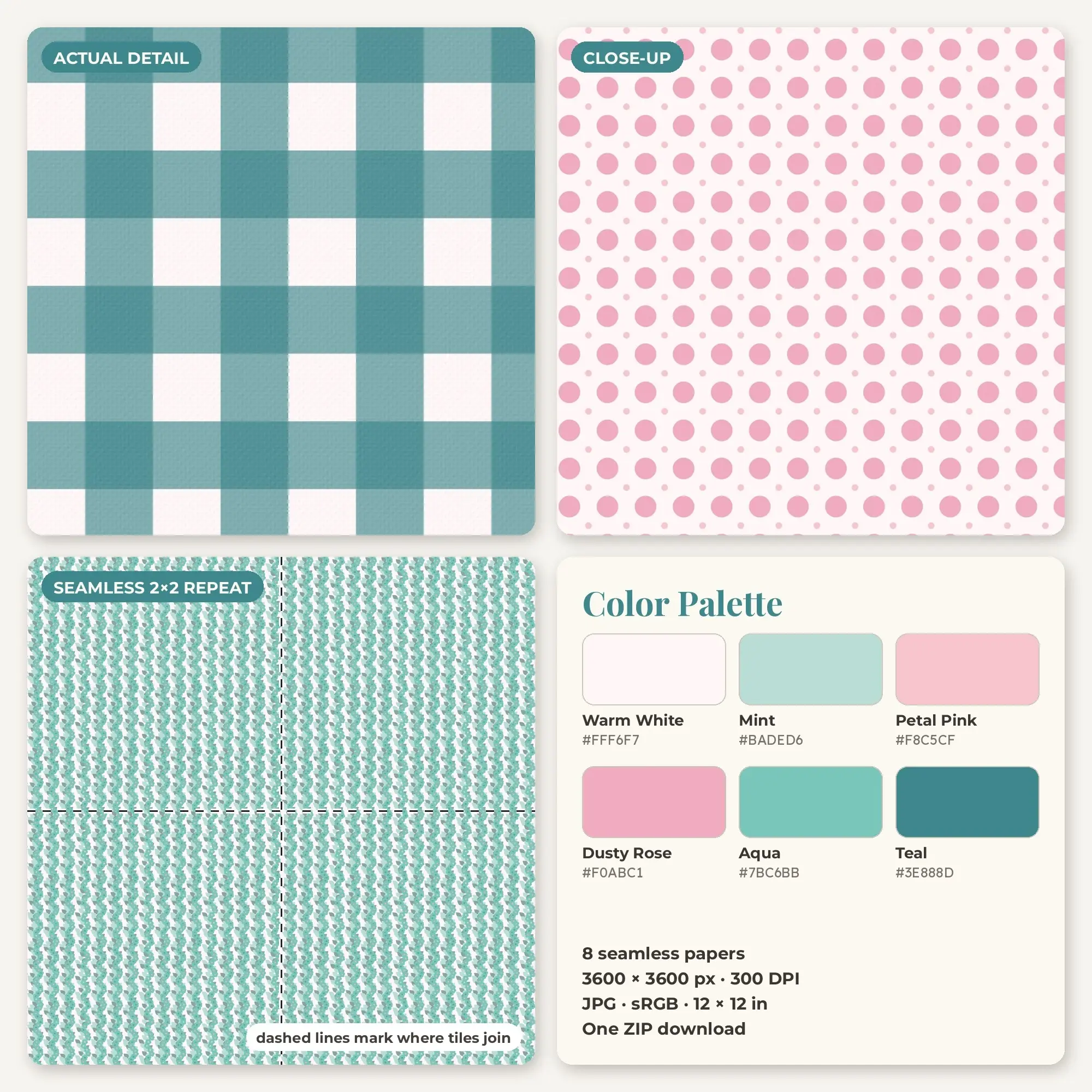 Petal Pink Berry Branch Seamless Digital Paper Pack, 8 Papers 12x12, preview 2 of 2