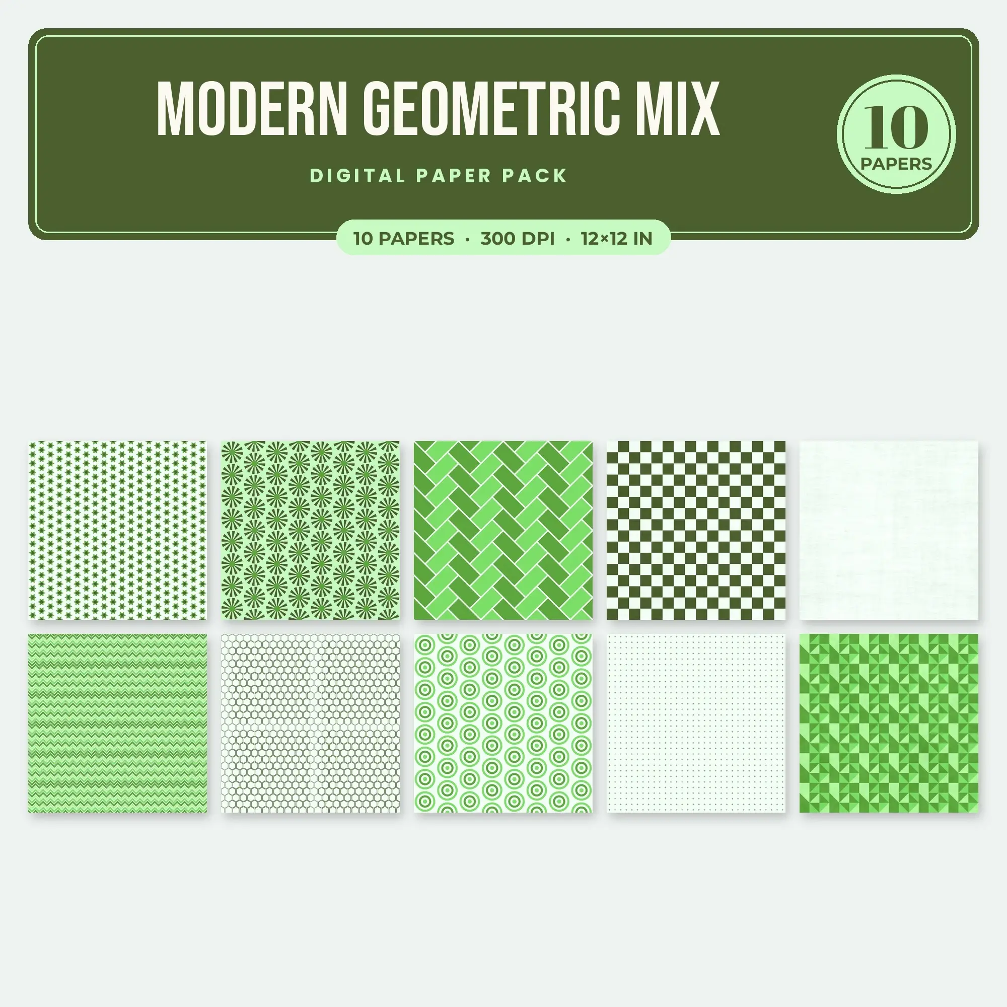 Modern Geometric Mix Digital Paper – 10 Seamless Spring Green & Lime Patterns preview