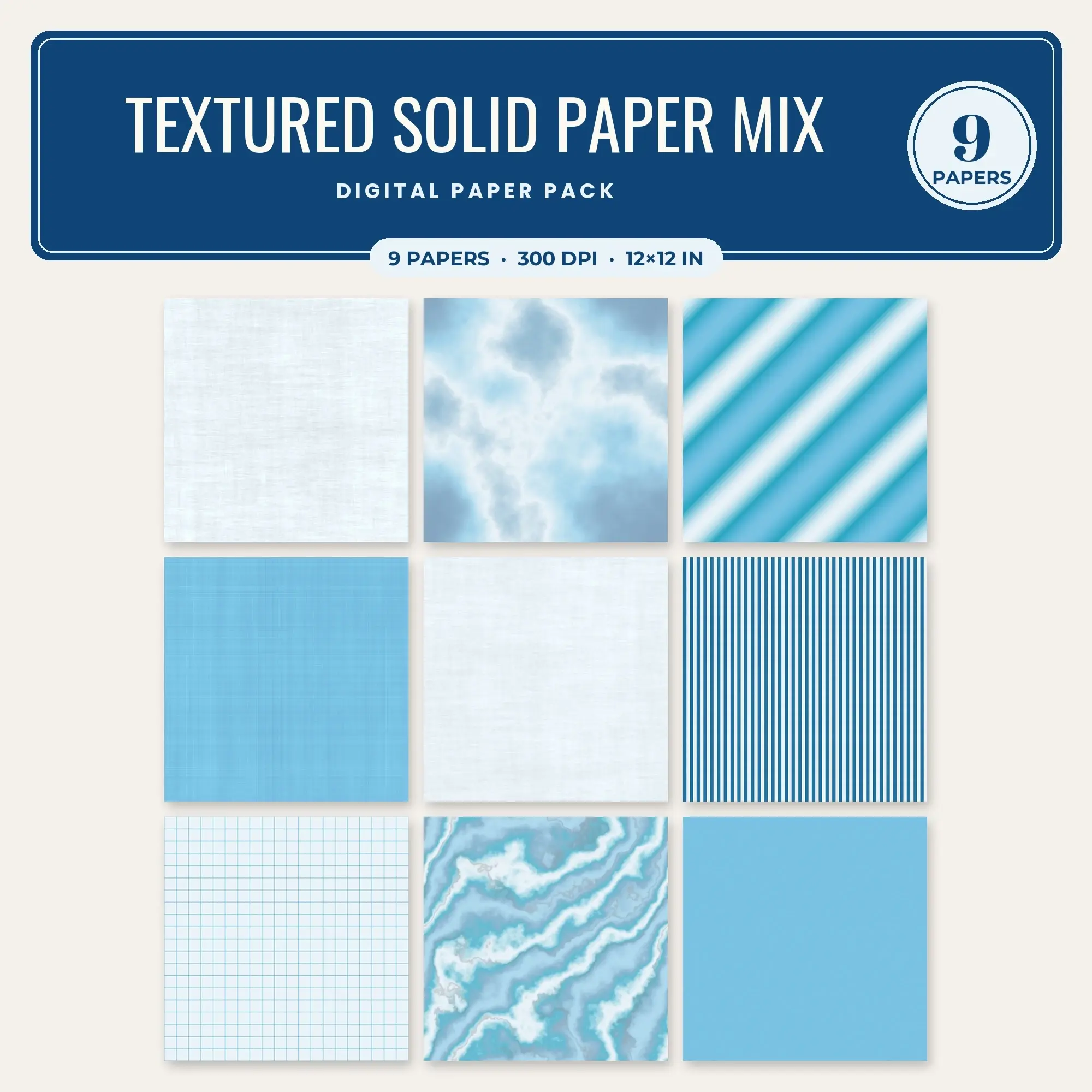 Textured Solid Paper Mix Digital Paper – 9 Seamless Lagoon & Sky Blue Patterns preview