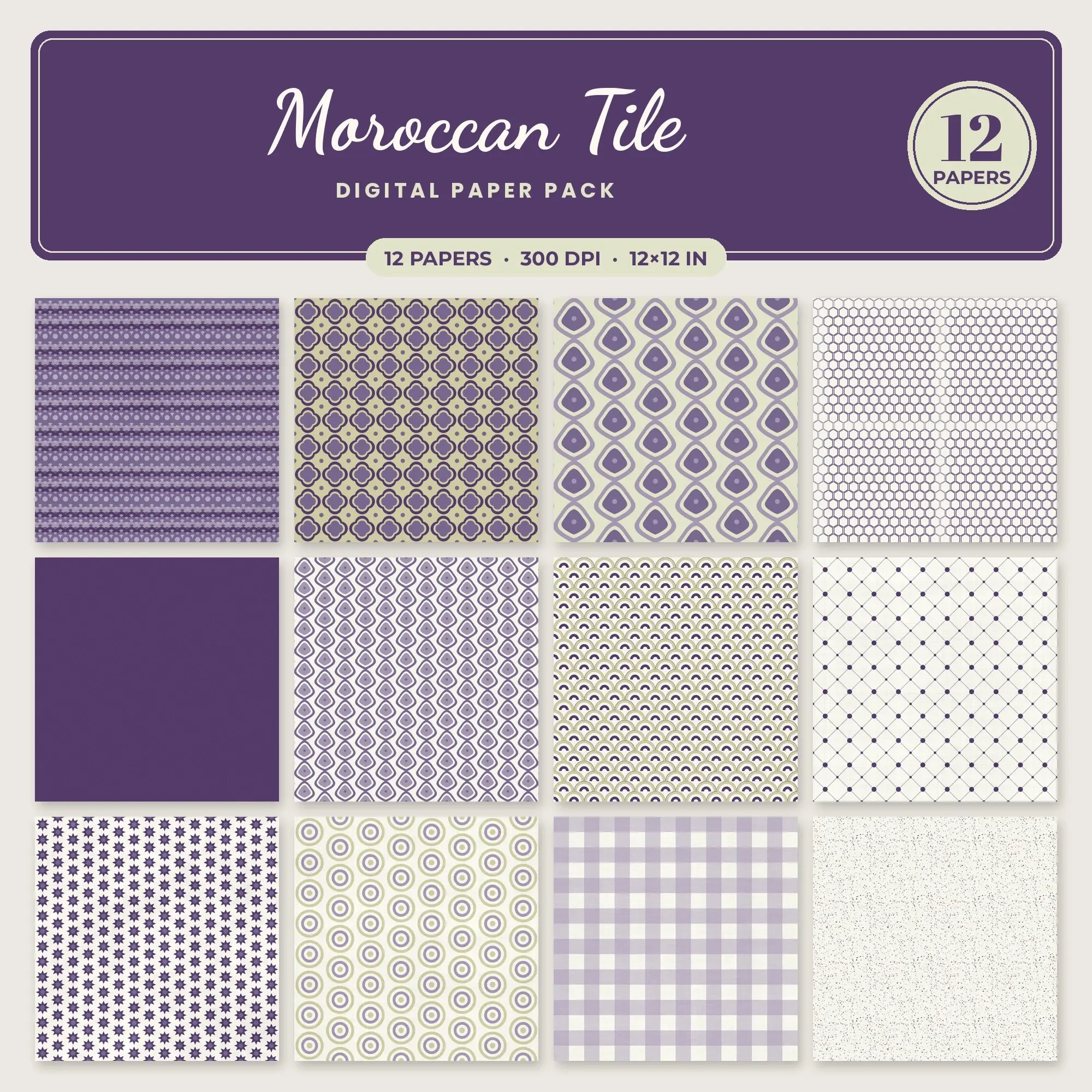 Moroccan Tile Seamless Pattern Papers in Lichen and Grape – 12 Pack preview