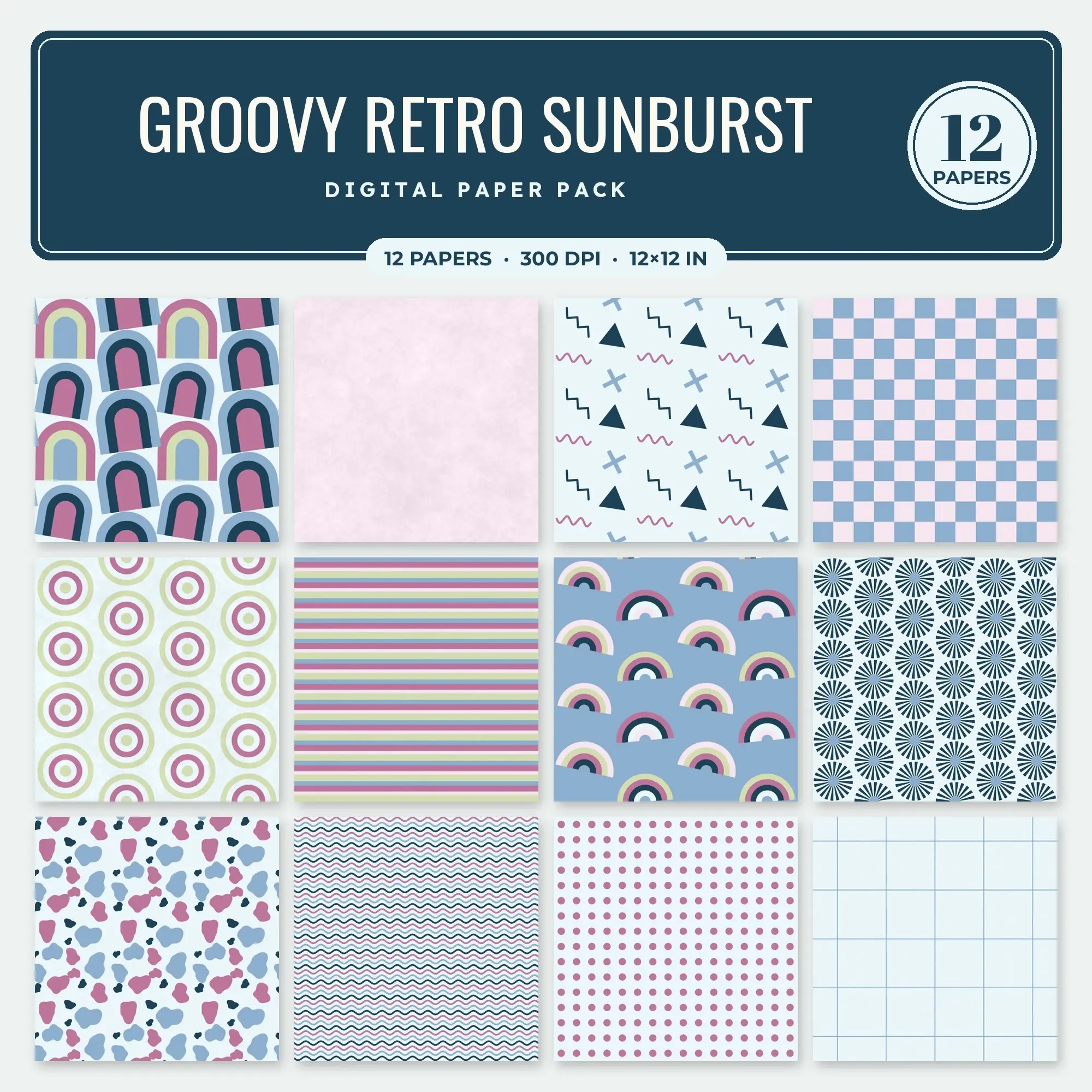 Groovy Retro Sunburst Digital Paper – 12 Seamless Dusty Blue & Mauve Patterns preview