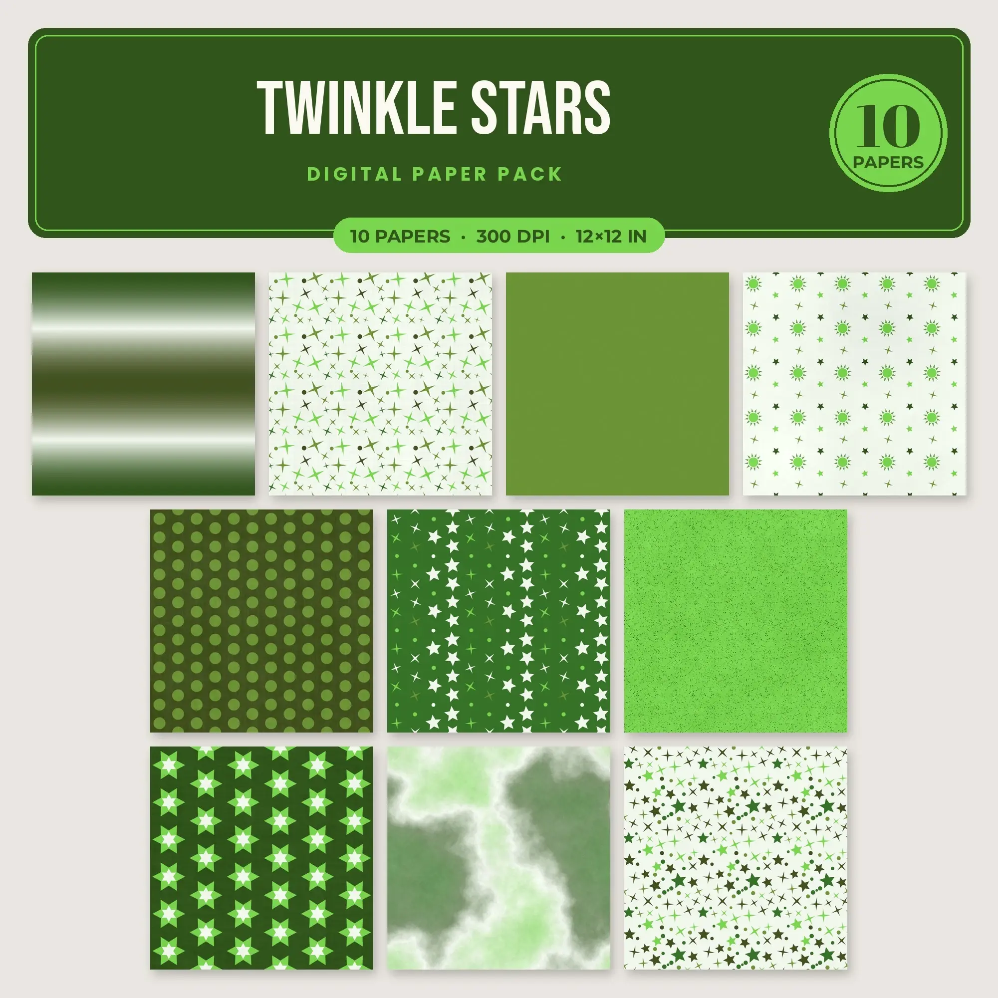 Lime Twinkle Stars Seamless Digital Paper Pack, 10 Papers 12x12 preview