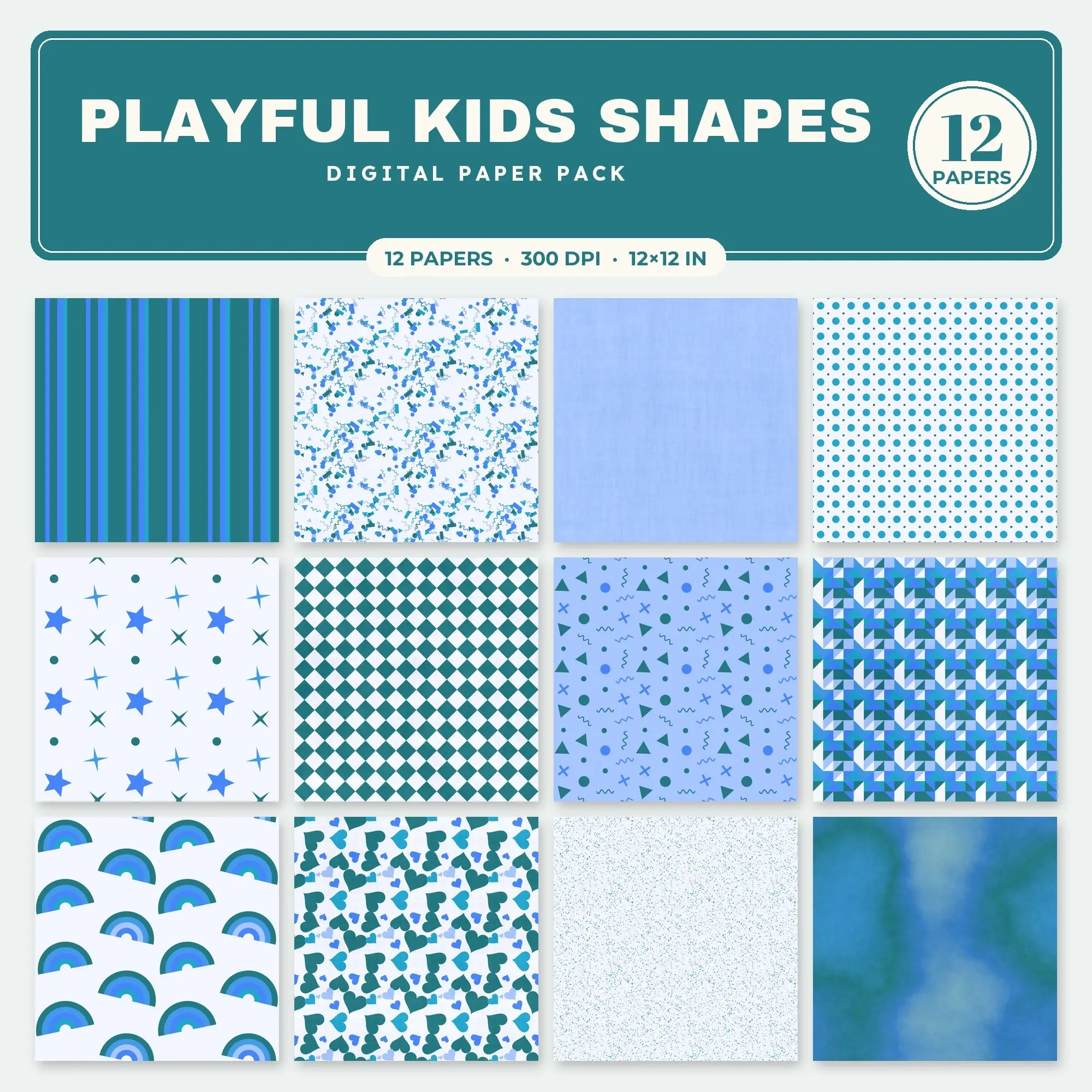 Playful Kids Shapes Seamless Pattern Papers in Cobalt and Cornflower – 12 Pack preview