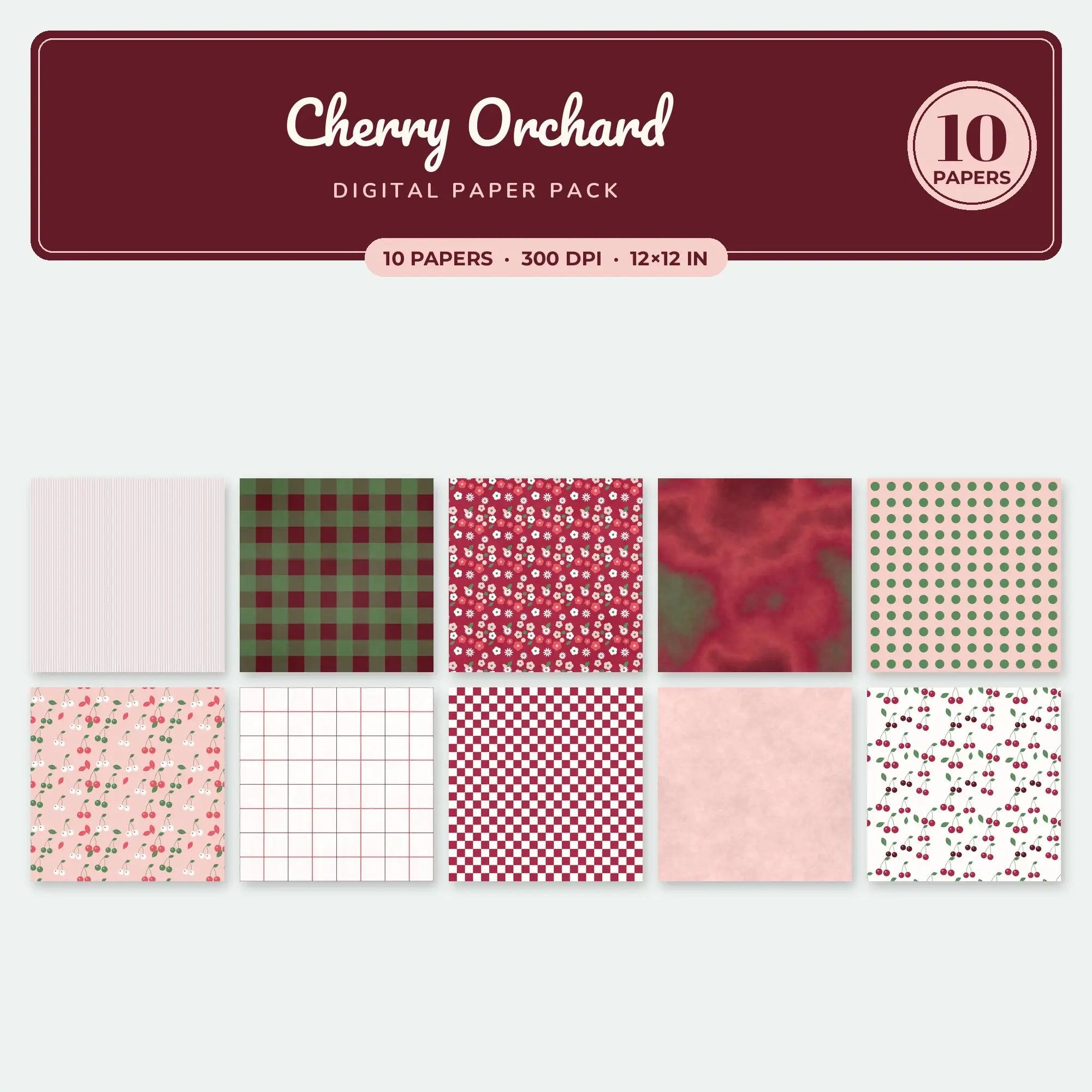 Watermelon & Raspberry Cherry Orchard Seamless Digital Paper – 10 Papers, 12x12 JPG preview