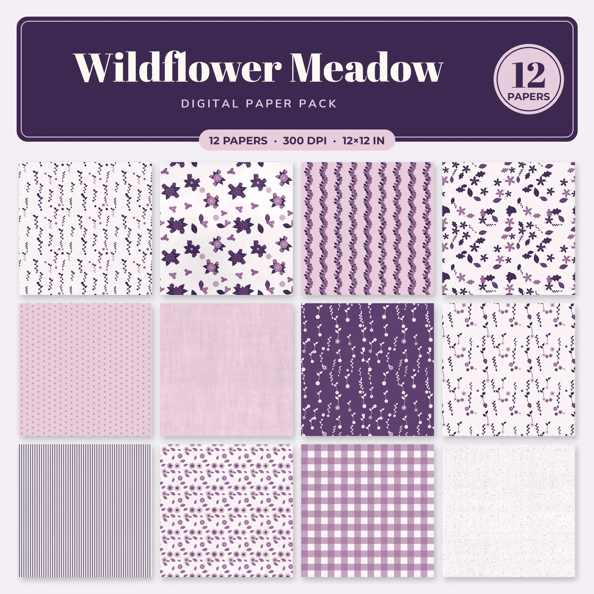 Baby Pink & Eggplant Wildflower Meadow Digital Paper Pack – 12 Seamless Patterns preview
