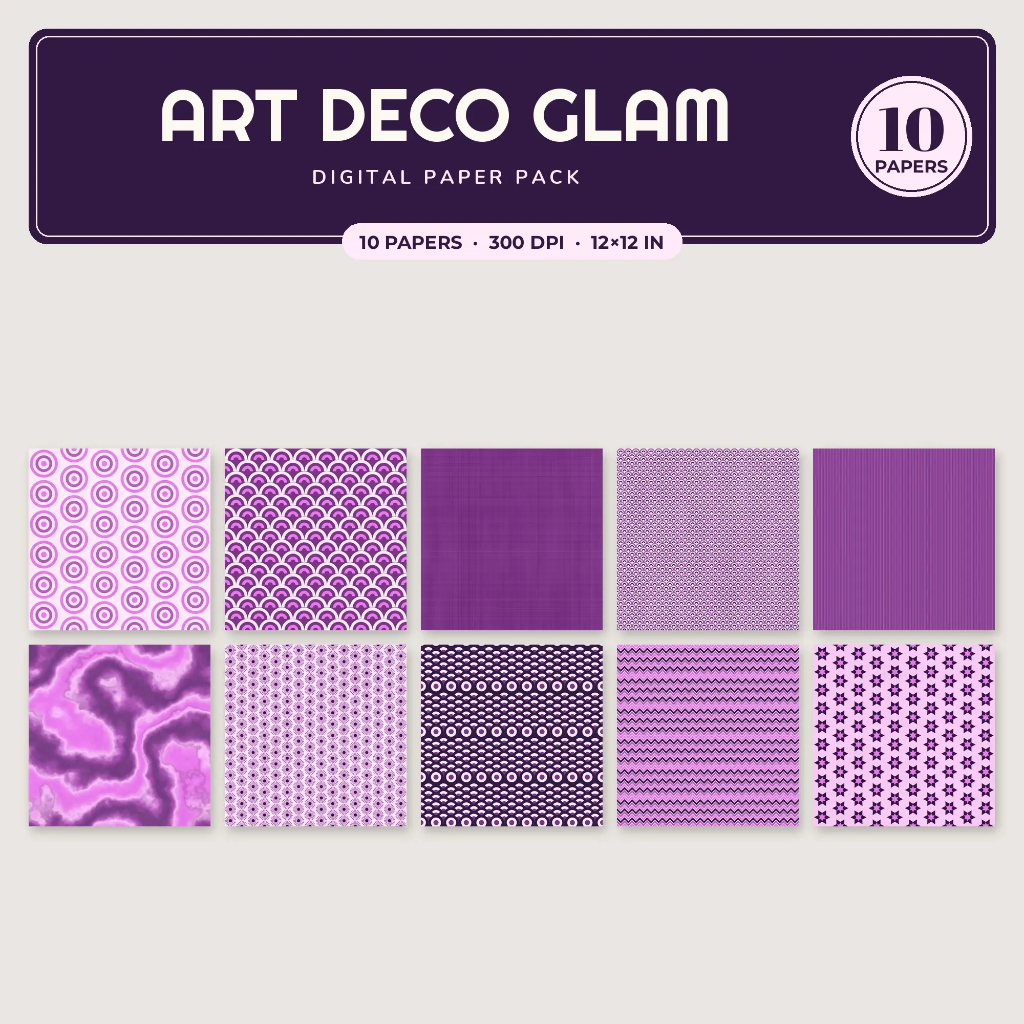 Art Deco Glam Seamless Pattern Papers in Violet and Lilac – 10 Pack preview