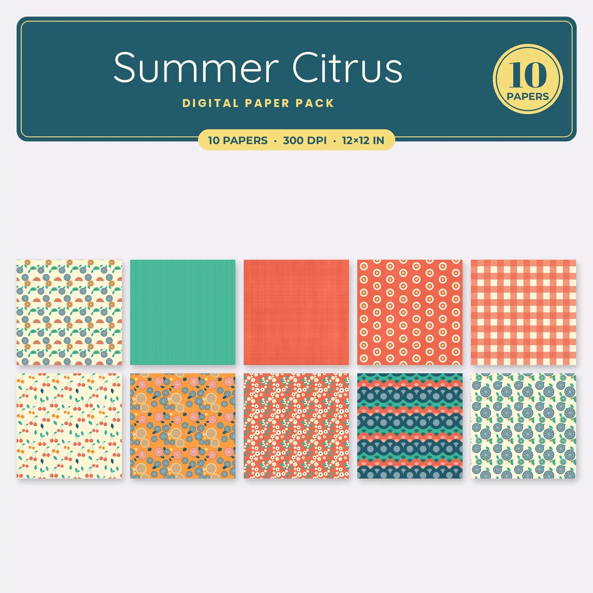 Summer Citrus Seamless Pattern Papers in Tangerine and Coral – 10 Pack preview