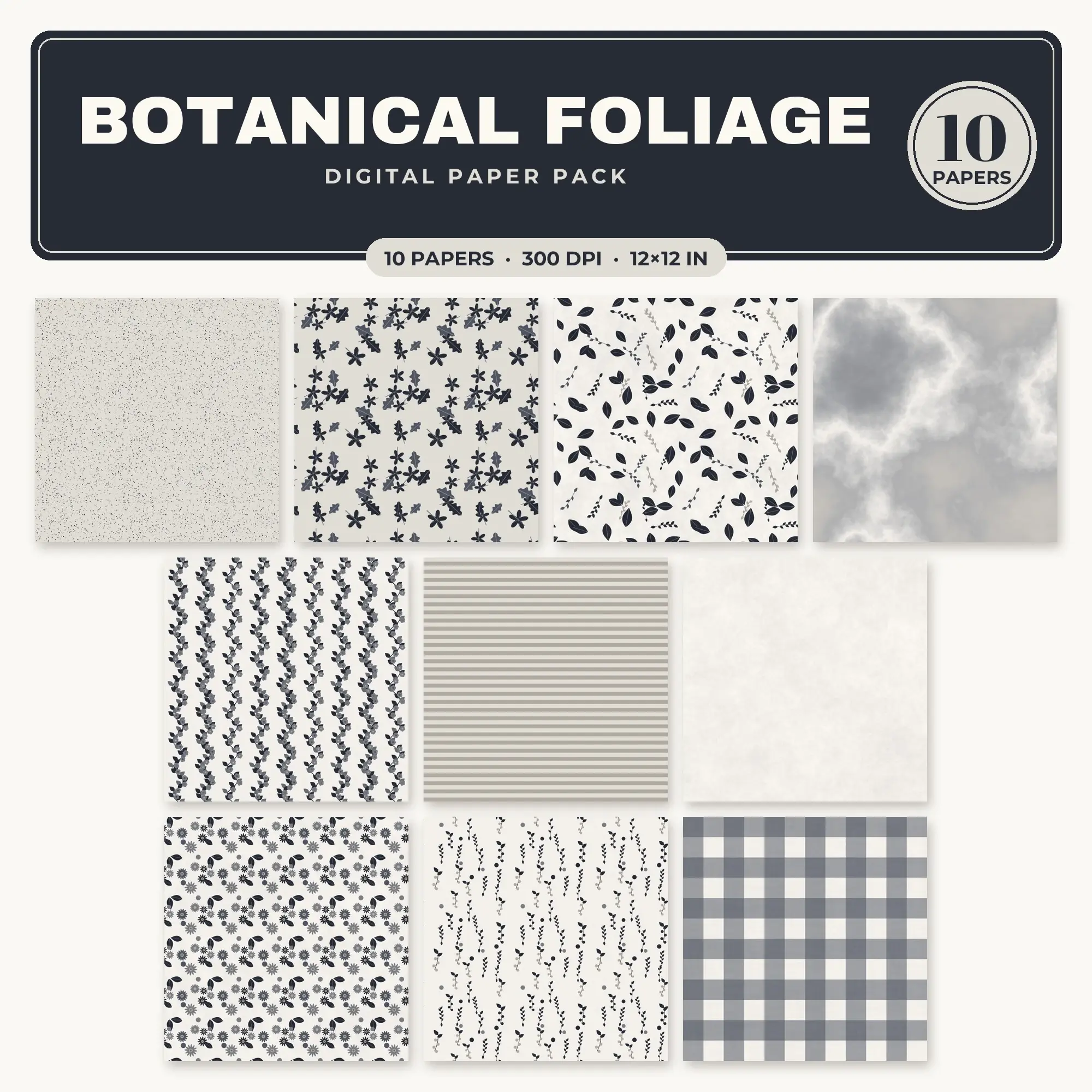 Warm White & Soft Black Botanical Foliage Seamless Digital Paper – 10 Papers, 12x12 JPG preview